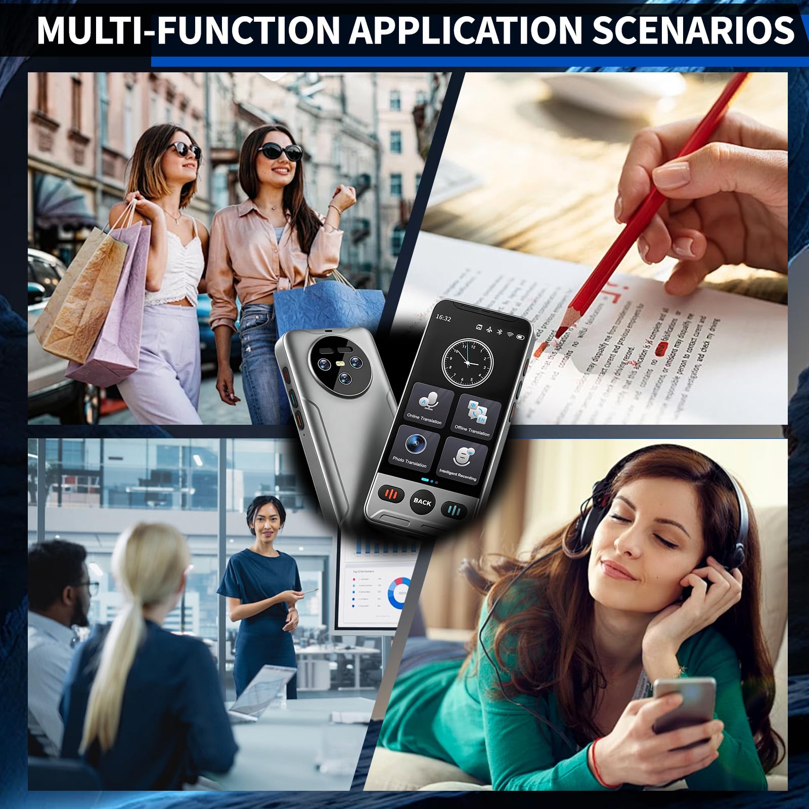 Traduttore vocale con 142 lingue, Bluetooth, Wi-Fi, memoria da 8 GB, touch screen da 3,5", traduzione offline (18 lingue), traduzione fotografica, batteria da 1100 mAh, ideale per i viaggi