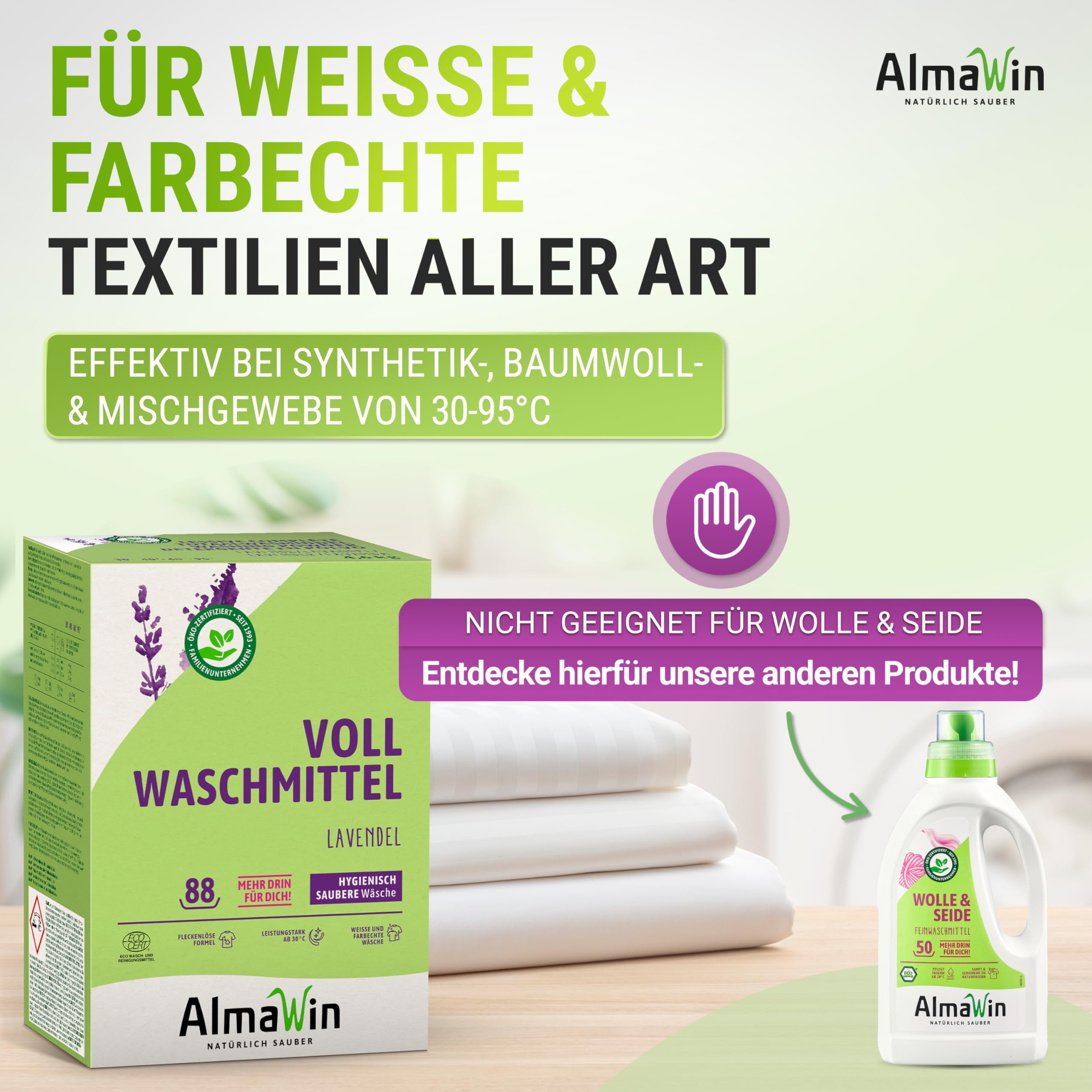 AlmaWin® Vollwaschmittel Pulver [4,6kg - 88 Ladungen] mit Lavendel-Duft für strahlende Reinheit - Waschmittel Pulver für alle weißen & farbechten Textilien [30-95°C] - Veganes Voll-Waschpulver