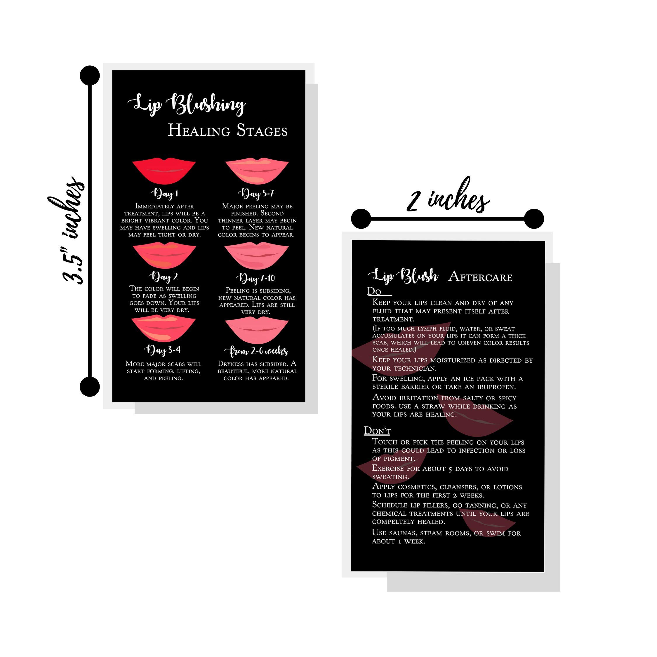 Tarjetas de instrucciones de curación y cuidado posterior del rubor de labios | Paquete de 50 | Tarjeta de visita de doble cara de 2 x 3.5 pulgadas | Negro con diseño de labios rojos