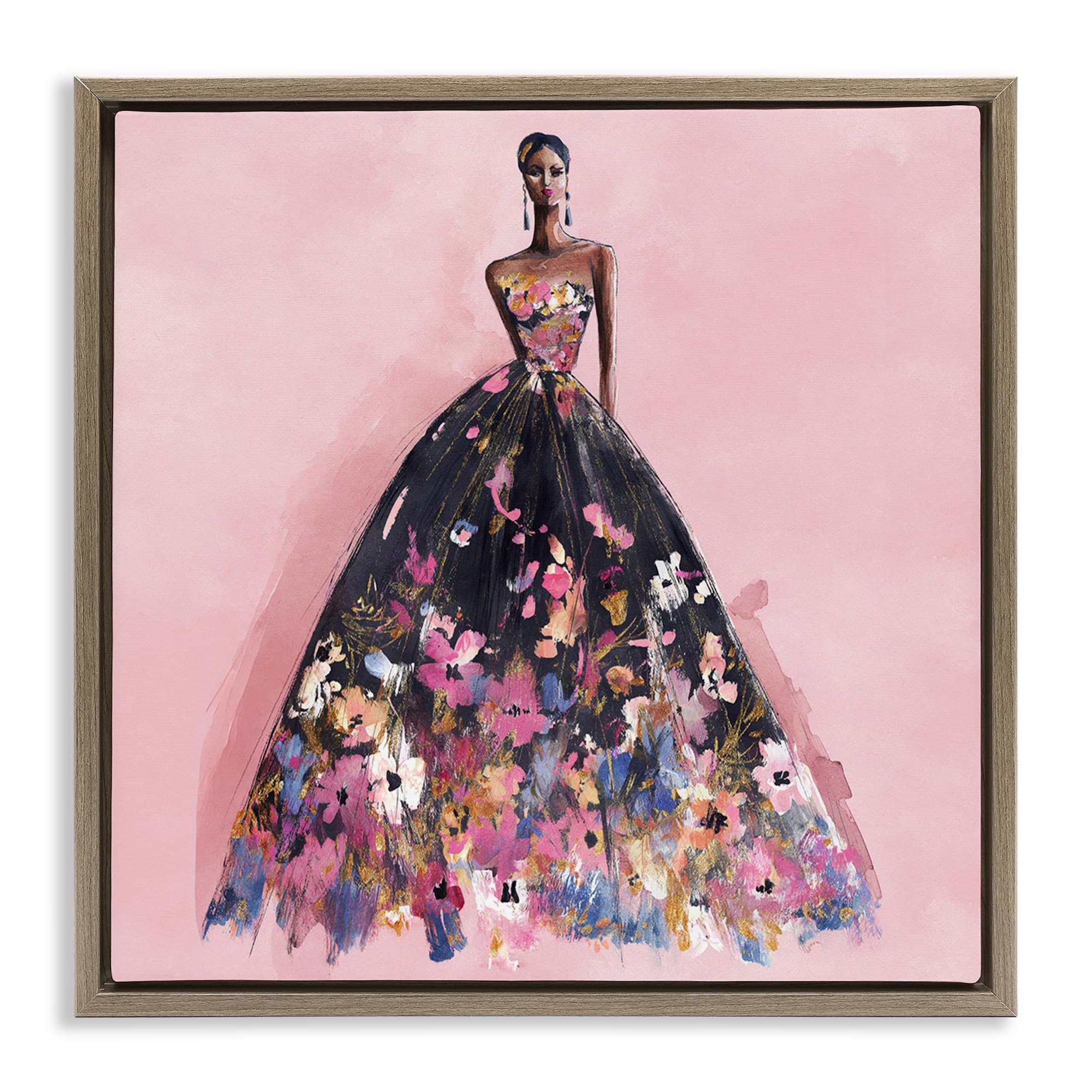 Stupell Industries Floral Glamour Evening Gown 'Floral Reverie Gown', Floating Frame Canvas Art, Brown, 18 X 18 Inches, Easy To Hang And Sturdy, Made In Usa, By Svetlana Aleynikova