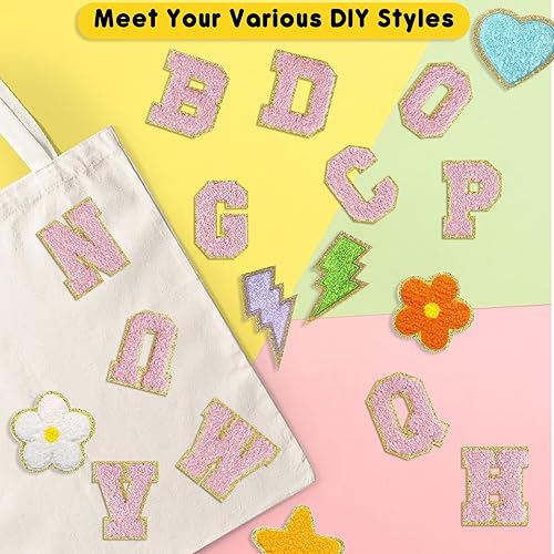 Miniatura 10 de MEEZY 34 parches de letras de felpilla autoadhesivas para planchar con letras A-Z con brillantina con bonito parche para coser para planchar y