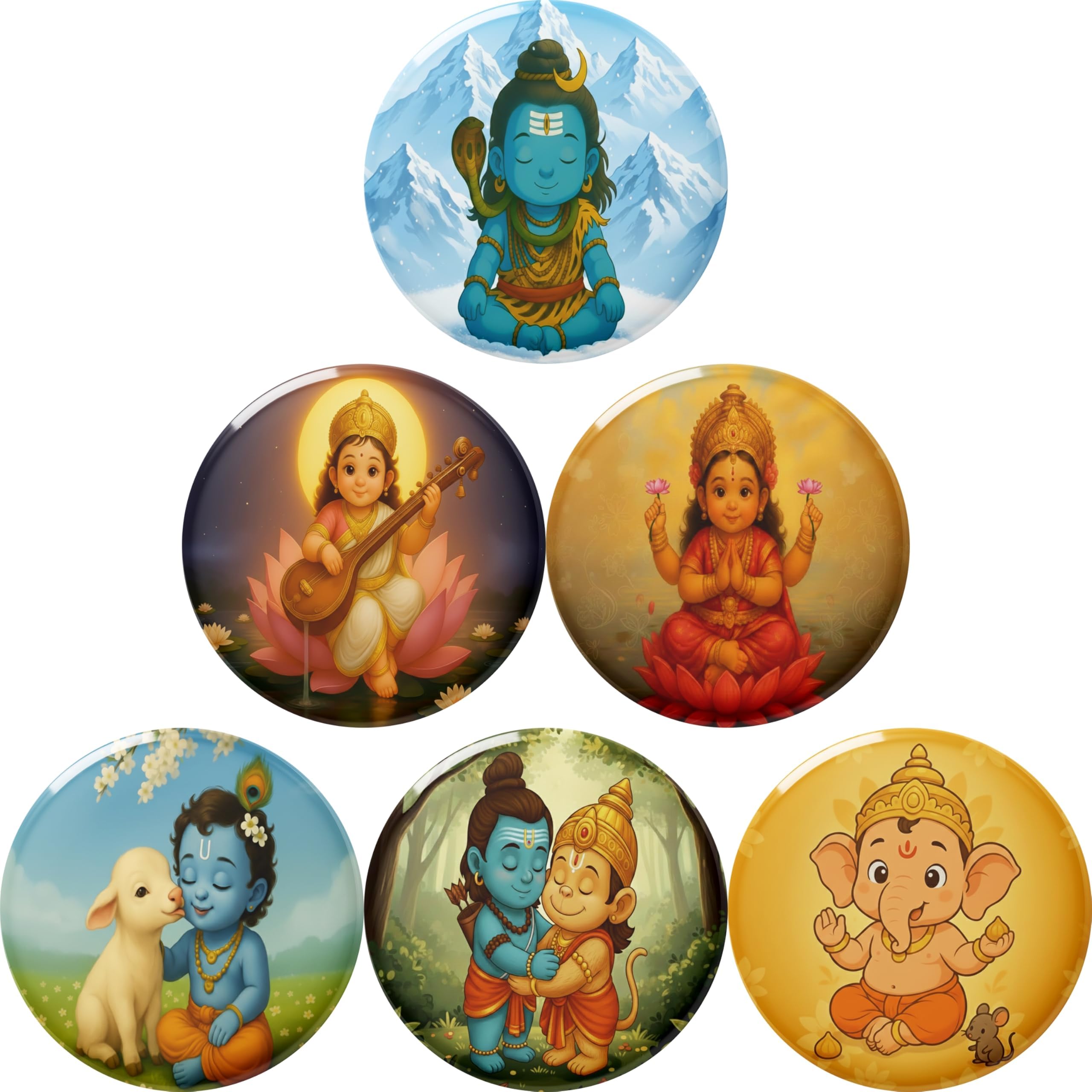 - Sanatani Devotional Pin Badges (58mm) | Hindu God Button Pins for Kids & Adults | Pack of 6