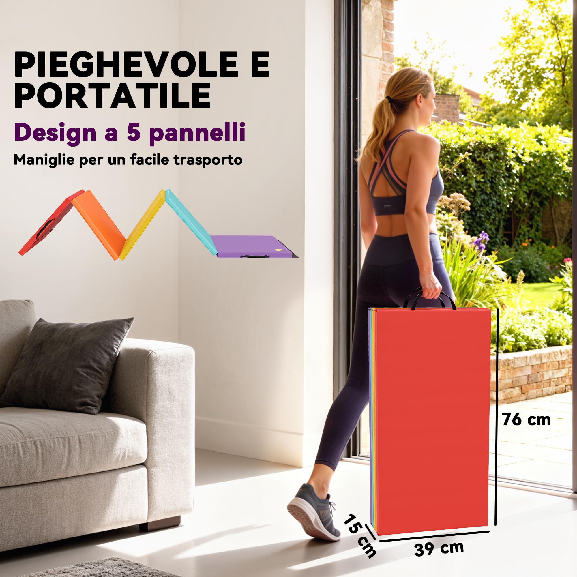 HOMCOM Tappetino Fitness/Yoga per Palestra e Casa, con 5 Pannelli Colorati e Pieghevoli, Imbottitura in EPE, 195x76x3 cm