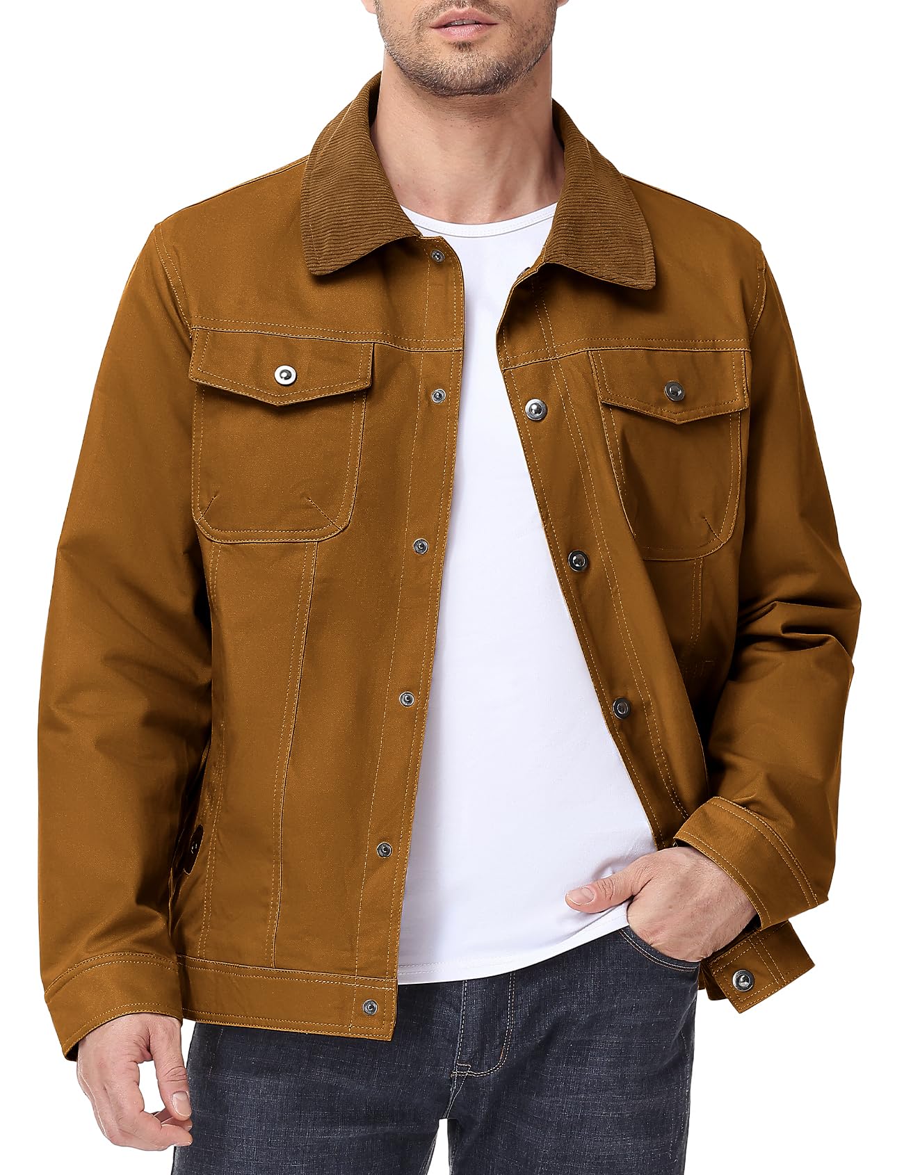 Eisctnd Men's Cotton Canvas Trucker Jacket with Corduroy Collar, Plaid Flannel Lined Workwear Utility Barn Jacket
