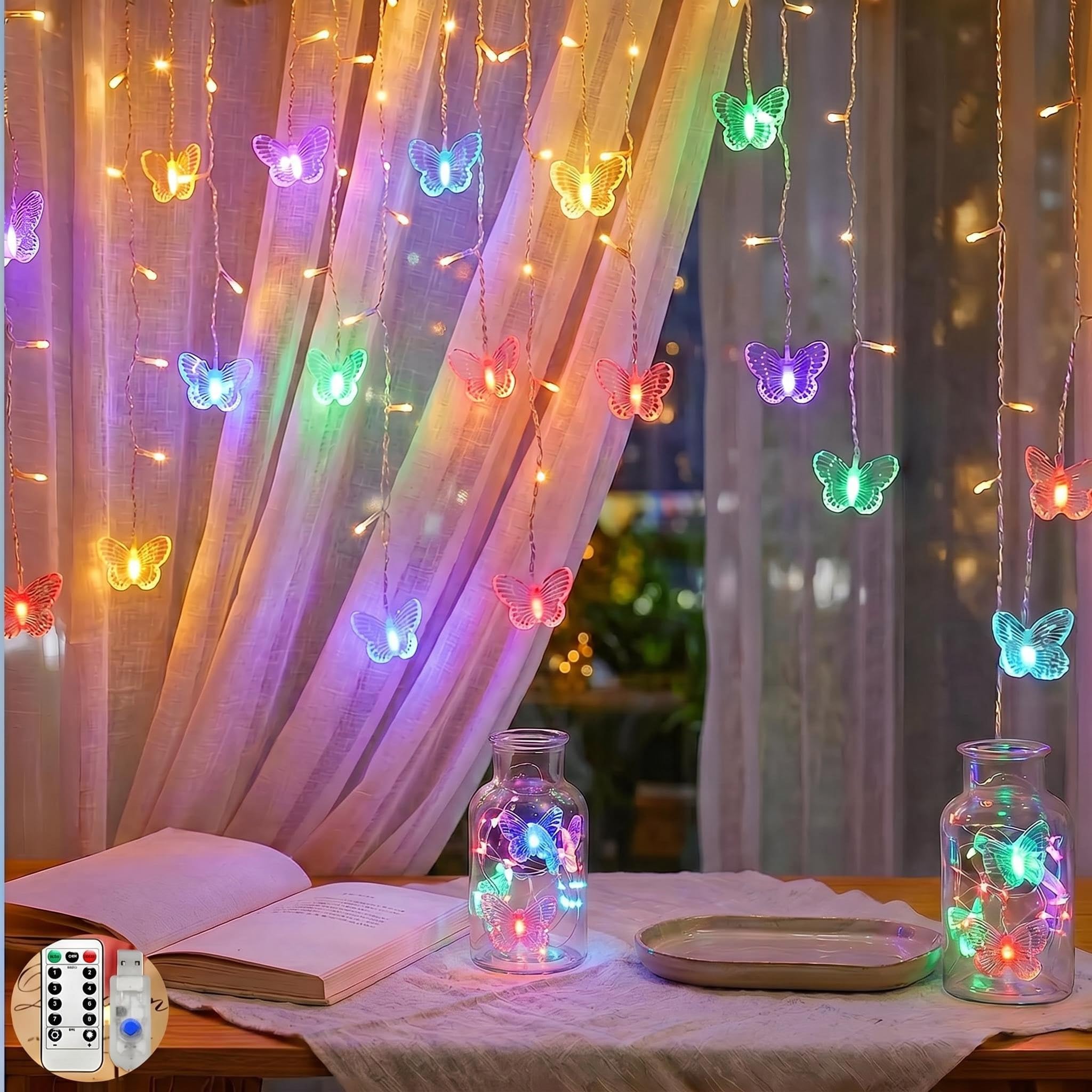 HHMTAKA Butterfly Curtain Lights 2M Butterfly Fairy Lights with 48 LED 8 Modes USB String Lights Spring Decoration for Indoors,Bedroom,Christmas Décor (Multicolour)
