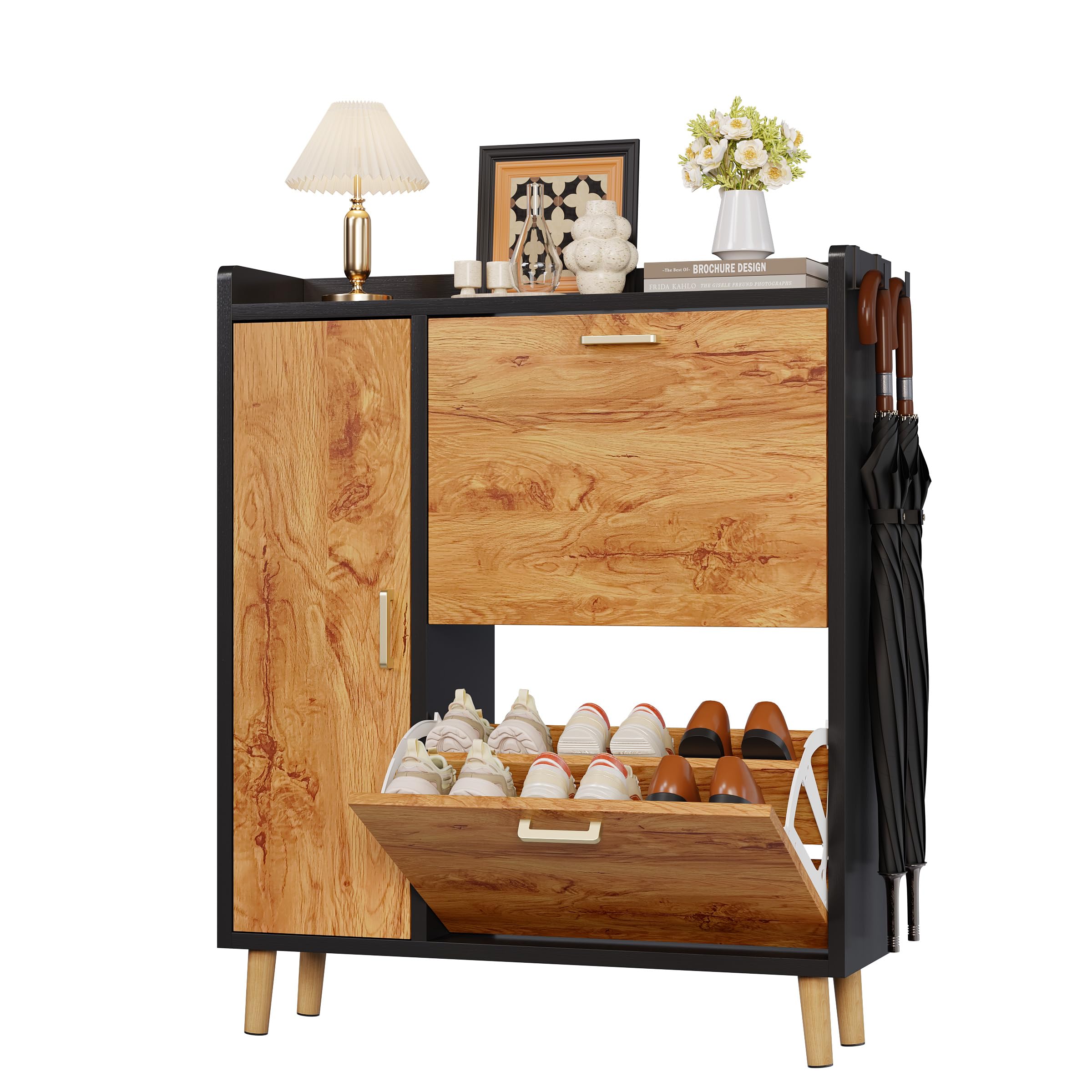 Scarpiera Salvaspazio Slim Con 3 Ante, Divisori Regolabili può Contenere Stivali, Scarpiera Ingresso Con Maniglie & 4 Gambe in Legno Massello Per Porta, Corridoio, Atrio (80x96x24cm, Nero)