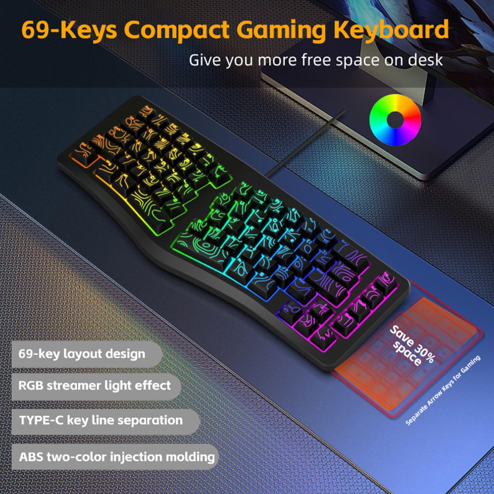 Goshyda Tastiera da Gioco Ergonomica Cablata, Tastiera Divisa a Forma di V con Retroilluminazione RGB Colorata, per Computer Desktop Portatile