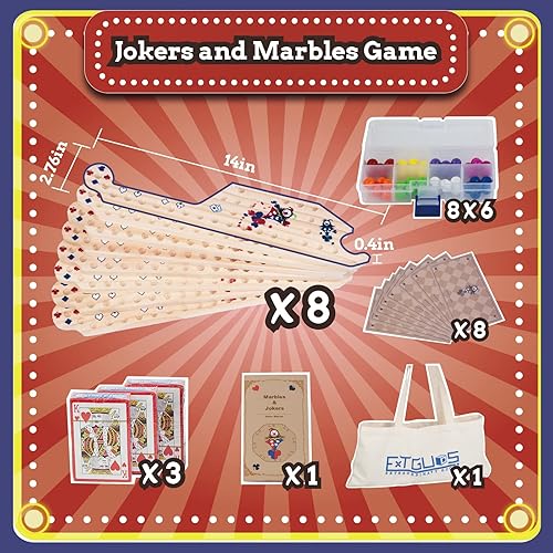 Miniatura 2 de Extguds Marbles and Jokers - Juego de mesa de madera maciza real pino para 2-8 jugadores 8 tableros de juego 8 colores 40 canicas 4 cajas de cartas