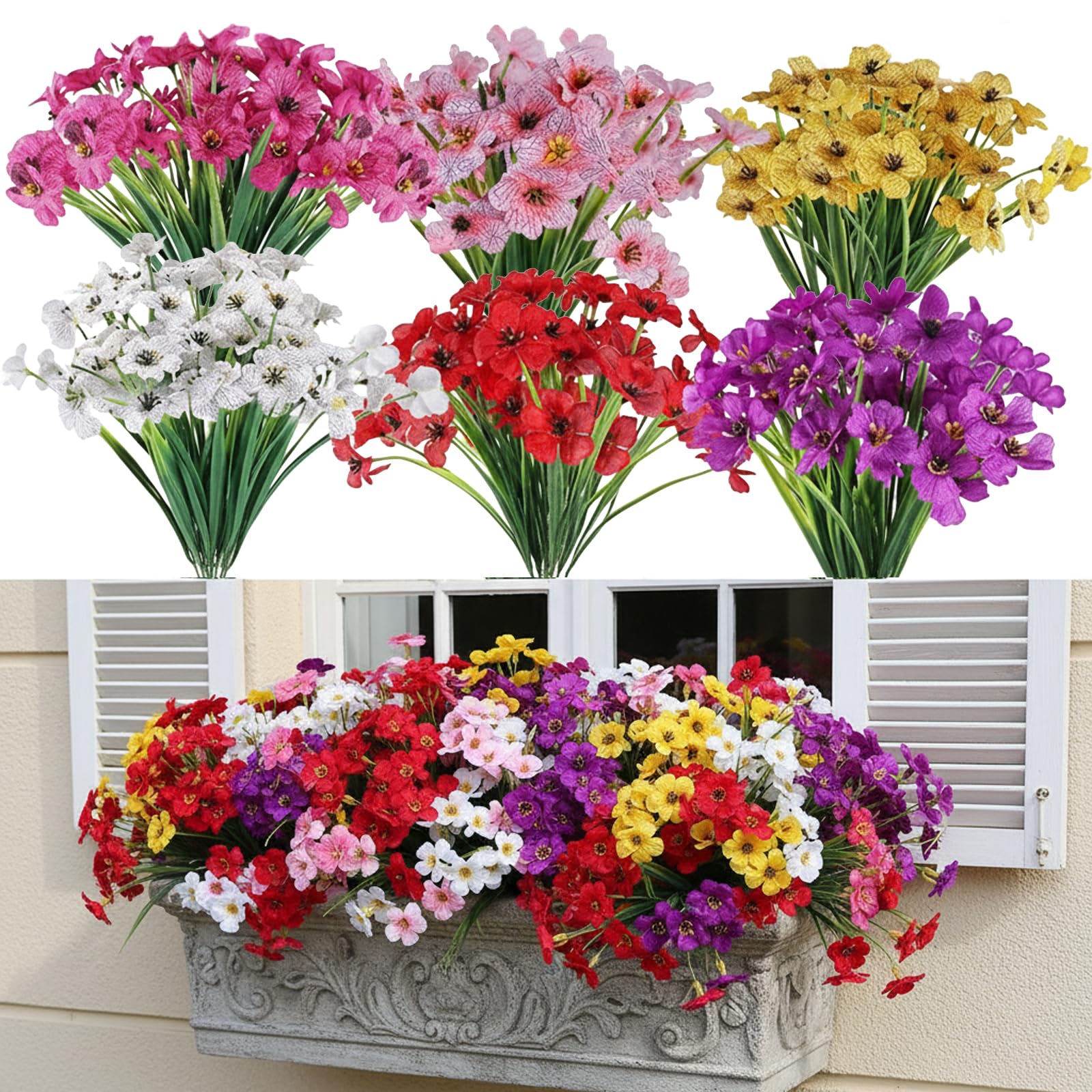 SimingZric Artificial Flowers - 18 Bundles UV Resistant Fake Flowers, 6 Colours No Fade Faux Plastic Plants, Decorative Artificial Flowers Outdoor, Vibrant Artifical Flowers for Garden Porch Planters