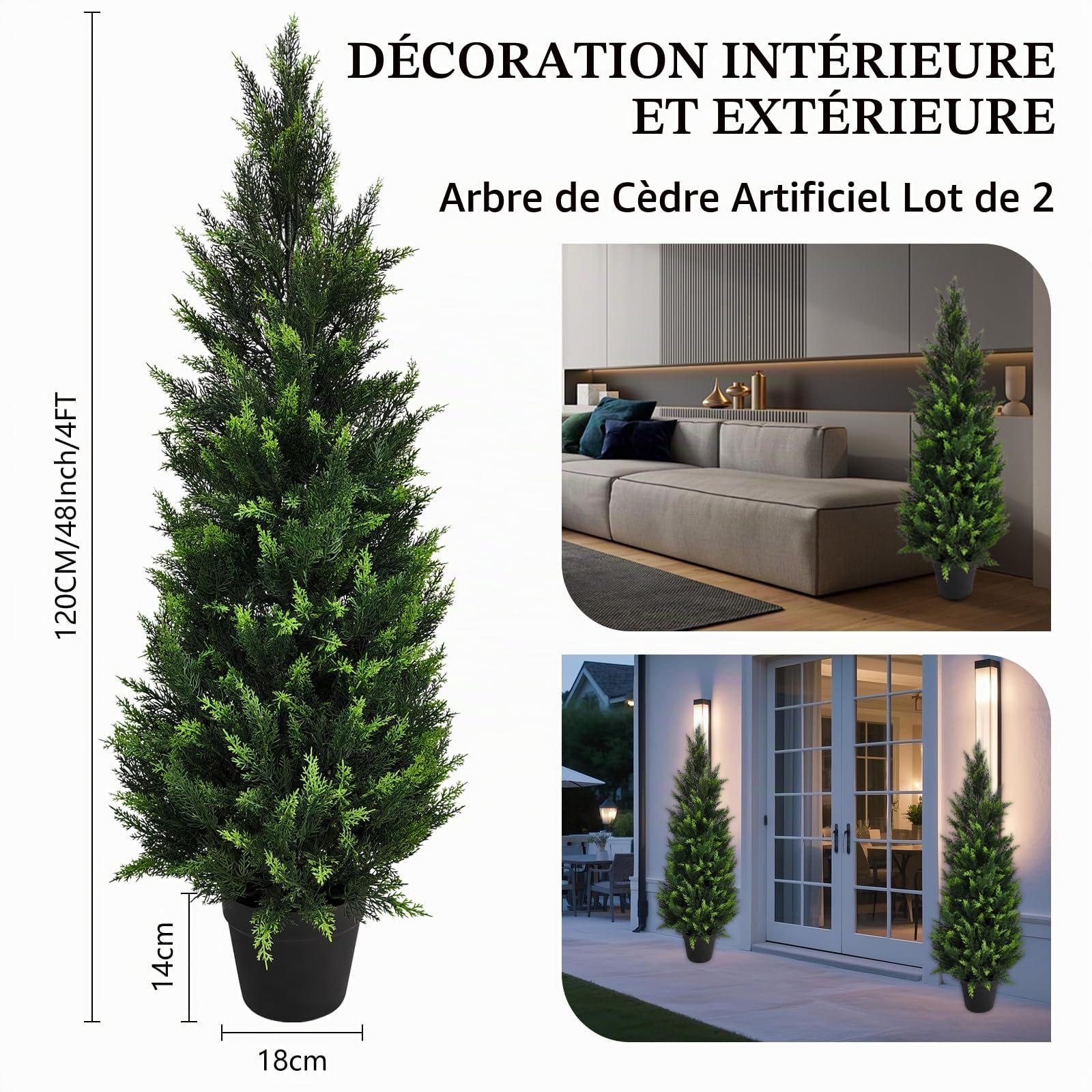 Arbre Topiaire Artificiel Cèdre Lot de 2, 120cm Arbre Cèdre Artificielle, 4FT Fausses Plantes Faux Arbustes Plante Artificielle pour Déco Intérieur Extérieur