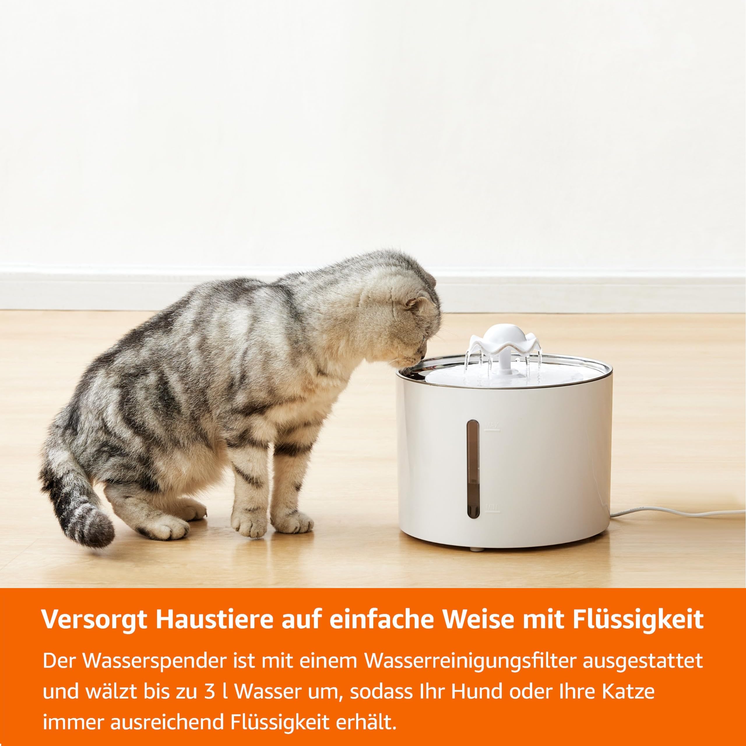 Amazon Basics Trinkbrunnen für Haustiere, Kleintiertränke, Hundetränke, Edelstahl, 3 L, mit 3 Kohlefiltern, Weiß