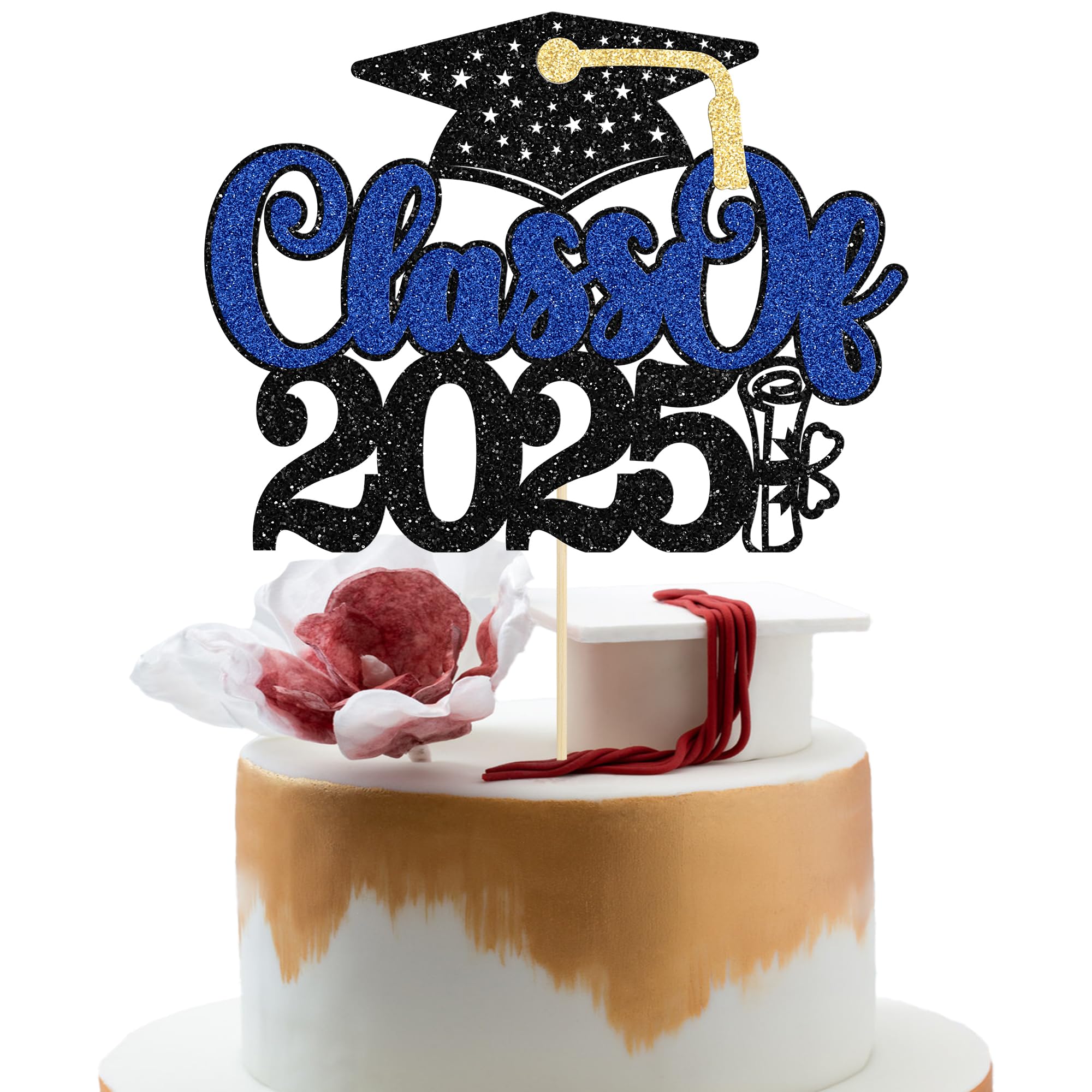 Gyufise 1Pc Class of 2026 Cake Topper Black Glitter Congrats Graduation Cap Cake Pick 2026 Graduation Cake Decoration for 2026 College Graduation Theme Party Supplies Blue