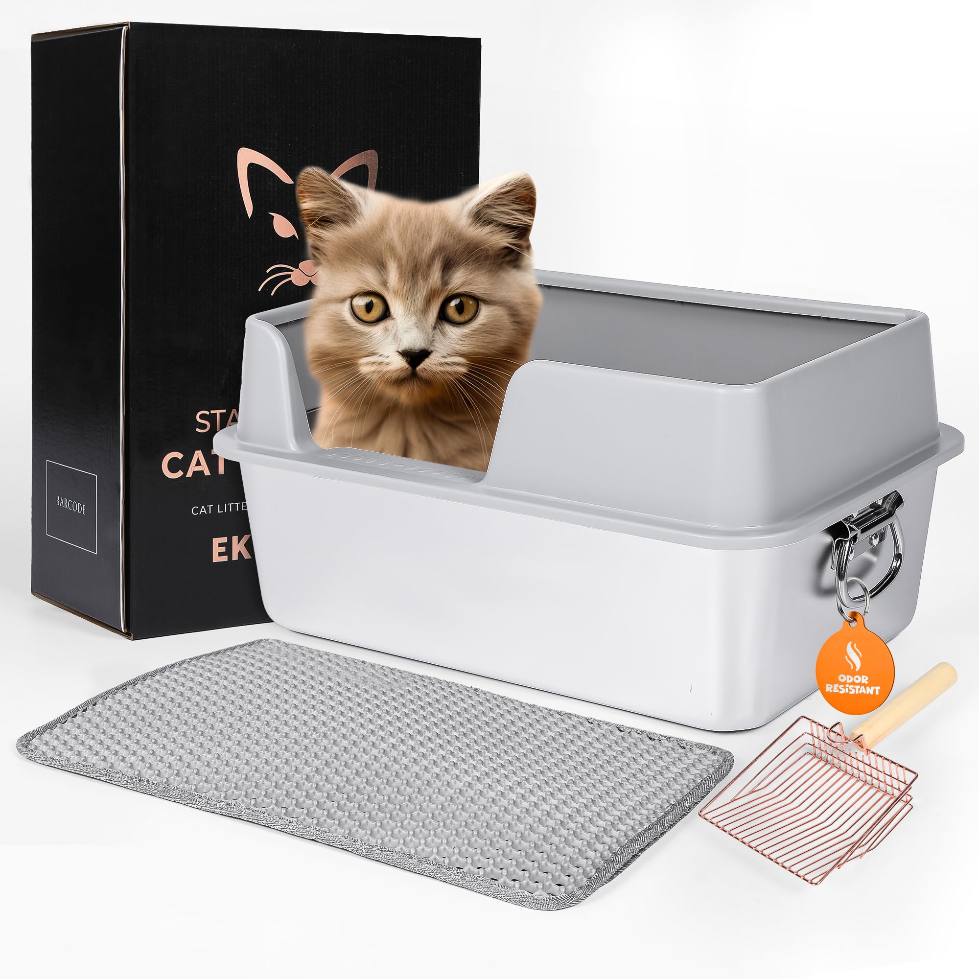Stainless Steel Litter Box - Easy to Clean Litter Box with Lid - Small Litter Box with Metal Scoop - Odorless Enclosed Litter Box - Perfect for High Peeing Cats