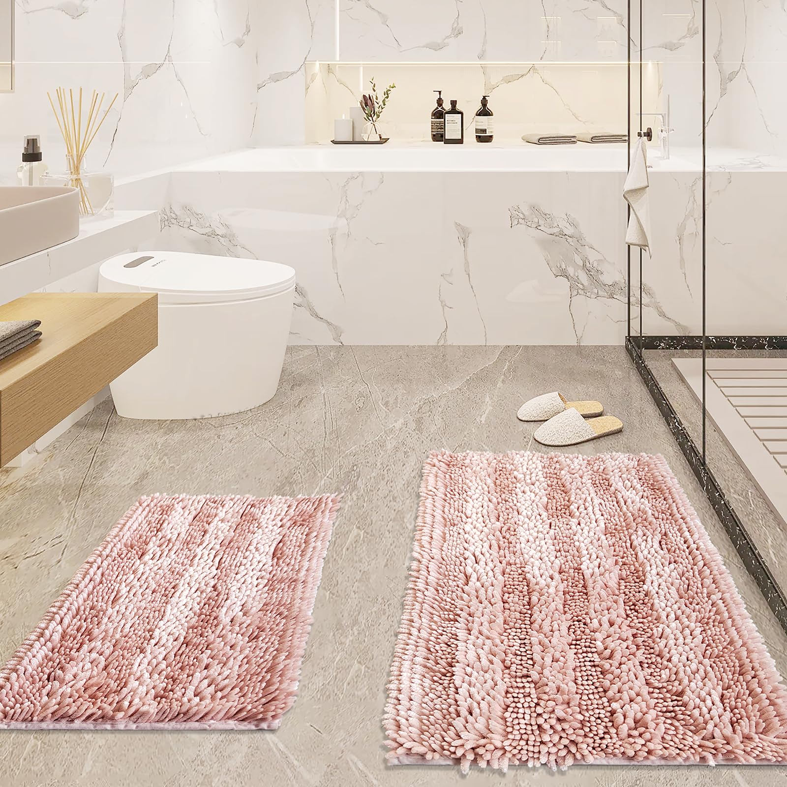 MIIUJJIR Light Pink Bathroom Rugs Sets 2 Piece, Extra Soft and Absorbent Chenille Bath Mats, Machine Washable Mat, Cute Bath Rug for Bathroom, Non