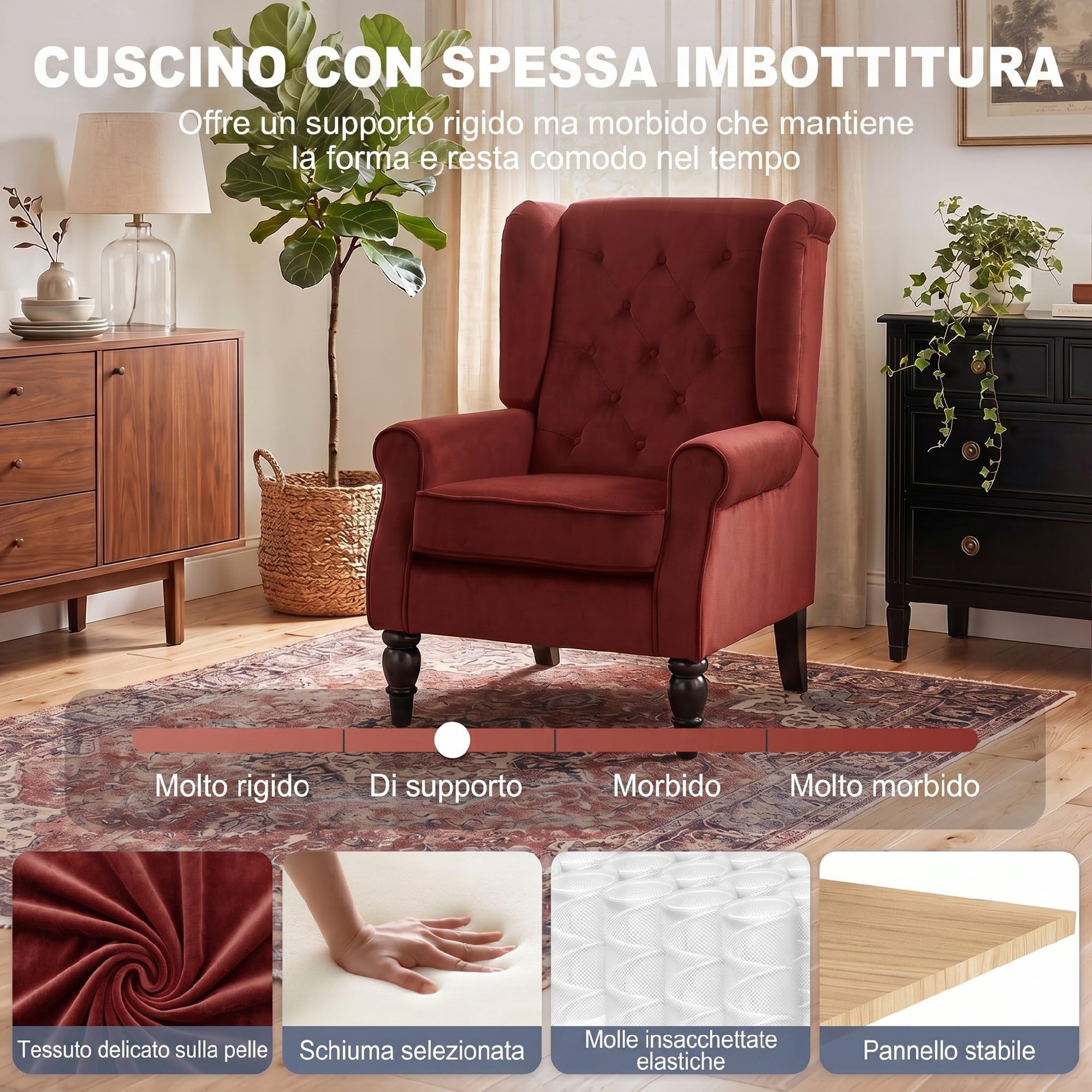 HOMCOM Poltrona Camera da Letto in Stile Francese, in Velluto, Rosso Vino