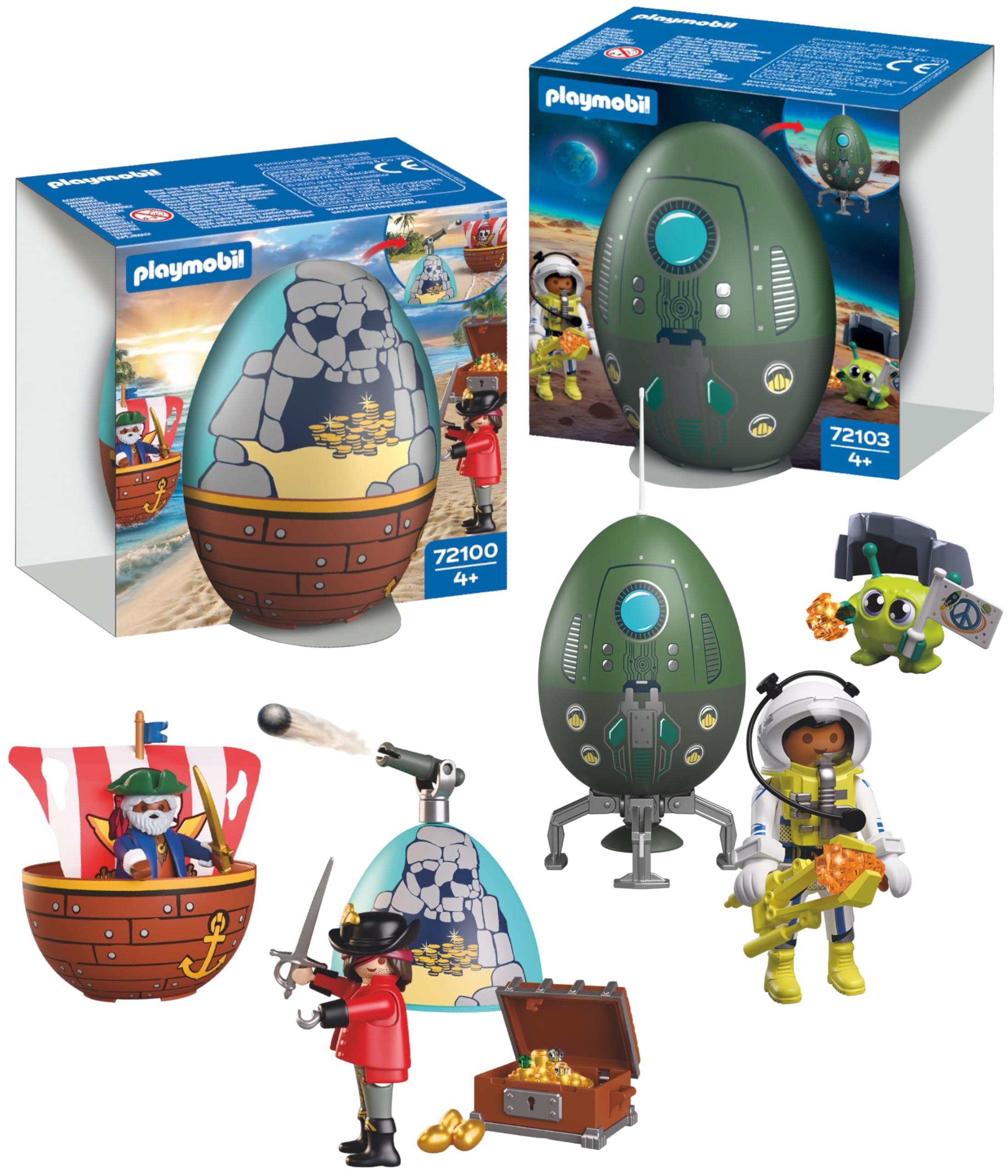 Playmobil Coffret Œufs de Jeu Pirates et Espace | 2 œufs Surprises avec Figurines et Accessoires | Réutilisable comme Tirelire | pour Les Enfants de 4 Ans et Plus | 210447 - 1