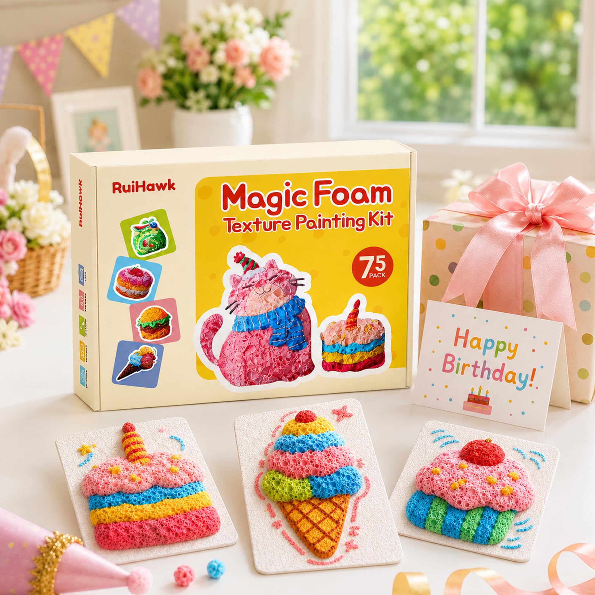 RuiHawk 75 Magic Puffy Paint Set, 3D Schaumtextur-Malset für Kinder mit 38 Blättern & 24 Acryl-Markern, Nicht Giftig & Wasserlöslich - Kreativset Geschenk ab 5 Jahren