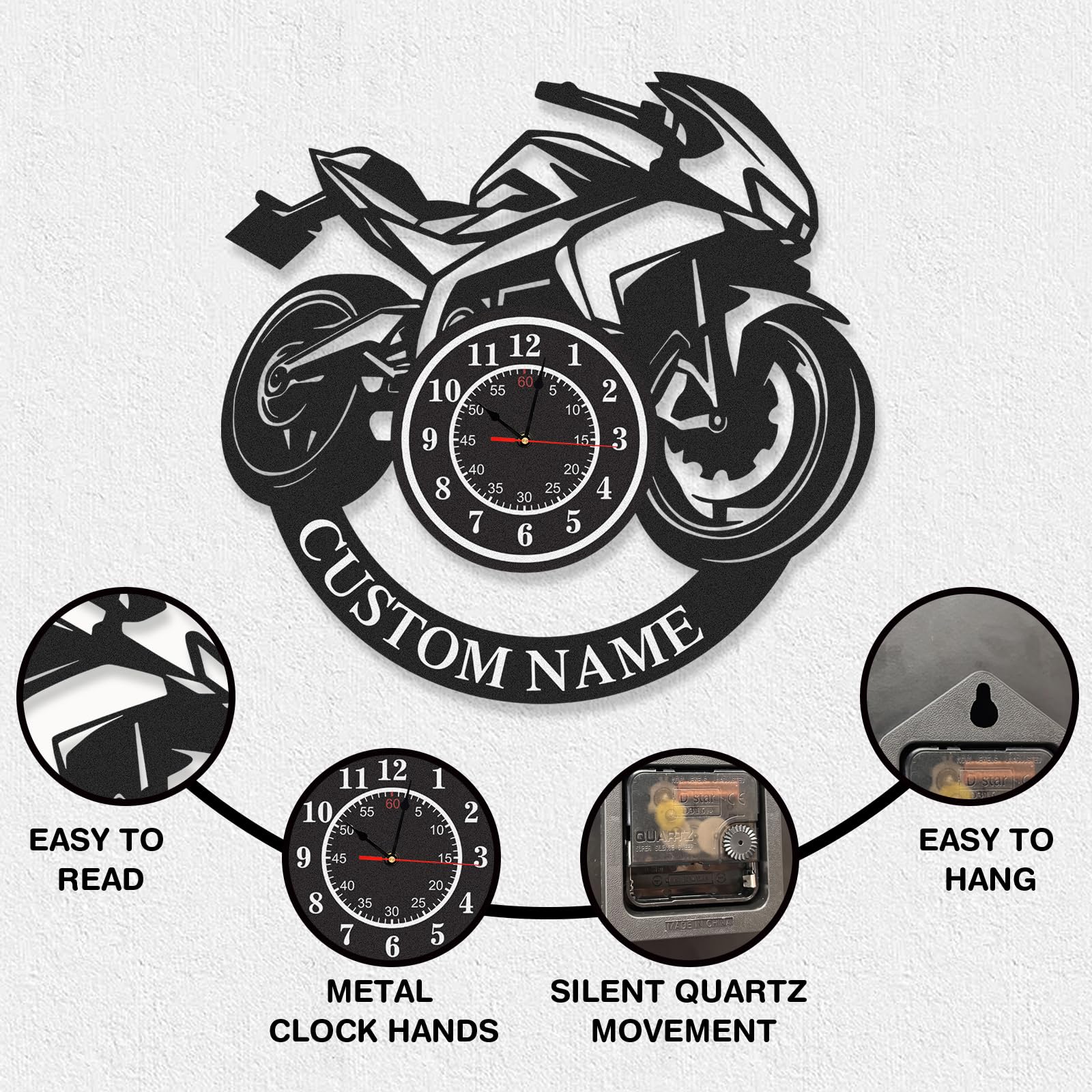 Orologio da parete personalizzato per moto, orologio da esterno con nome personalizzato, impermeabile, senza ticchettio, funzionamento a batteria, moderno orologio da parete in metallo, decorazione