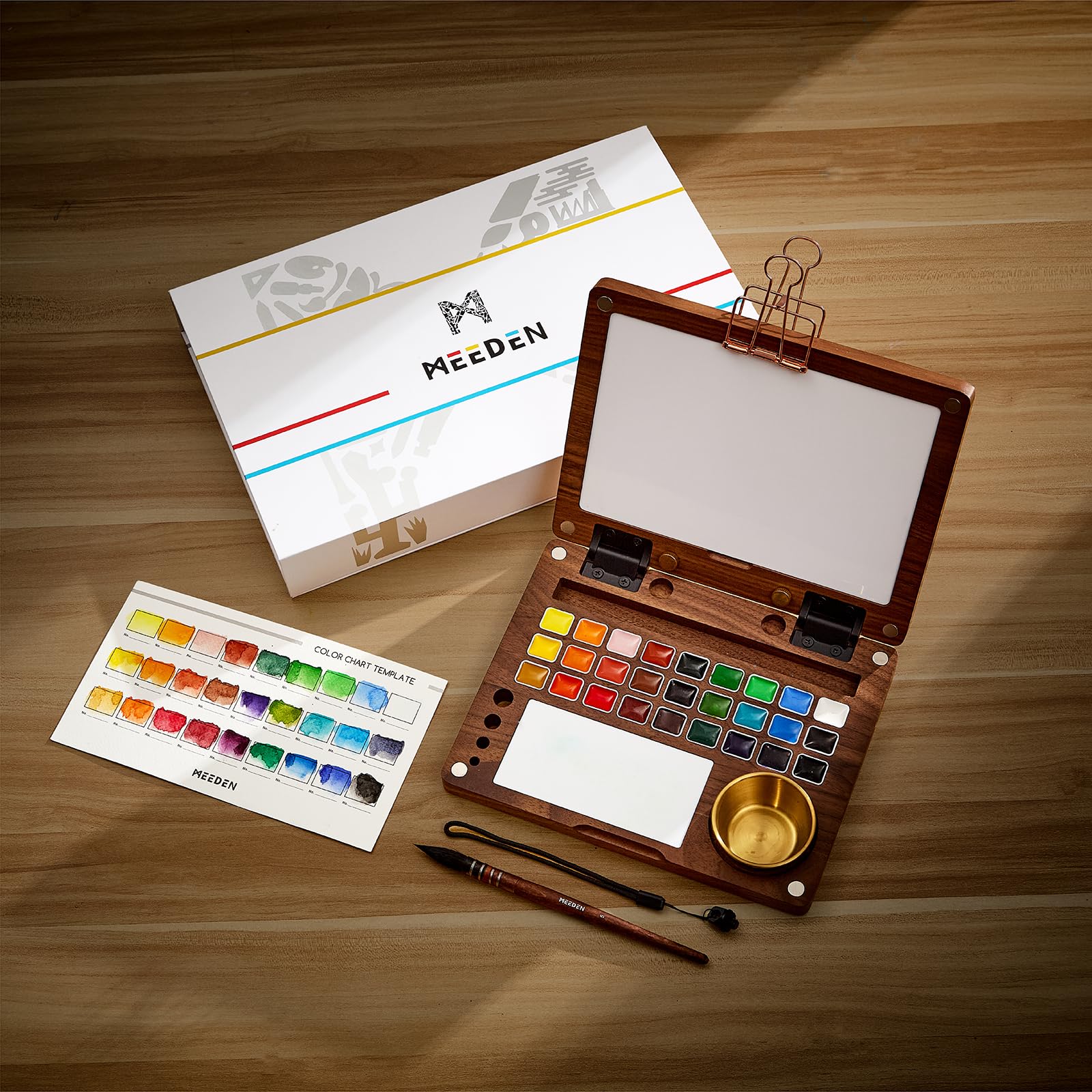 MEEDEN Juego de pintura de acuarela, colección de lujo de 27 colores con estuche de nogal negro, pinceles de pelo de ardilla natural y pinturas de grado artista, kit de acuarela de viaje perfecto para