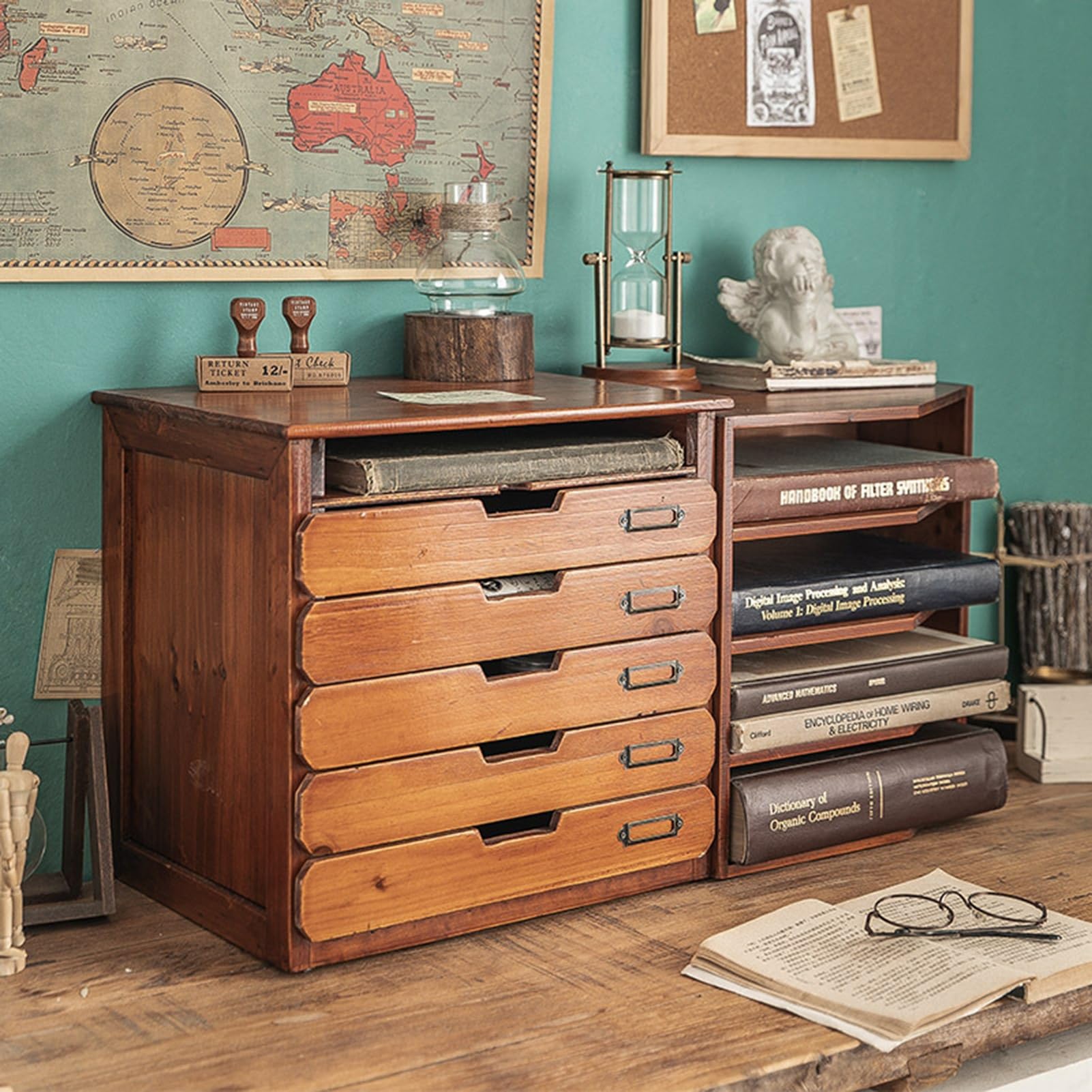 Boîte à Tiroirs En Bois Vintage - Organisateur Bureau Ou Maison - Dimensions 23x16x16 Cm, Couleur Bois Clair