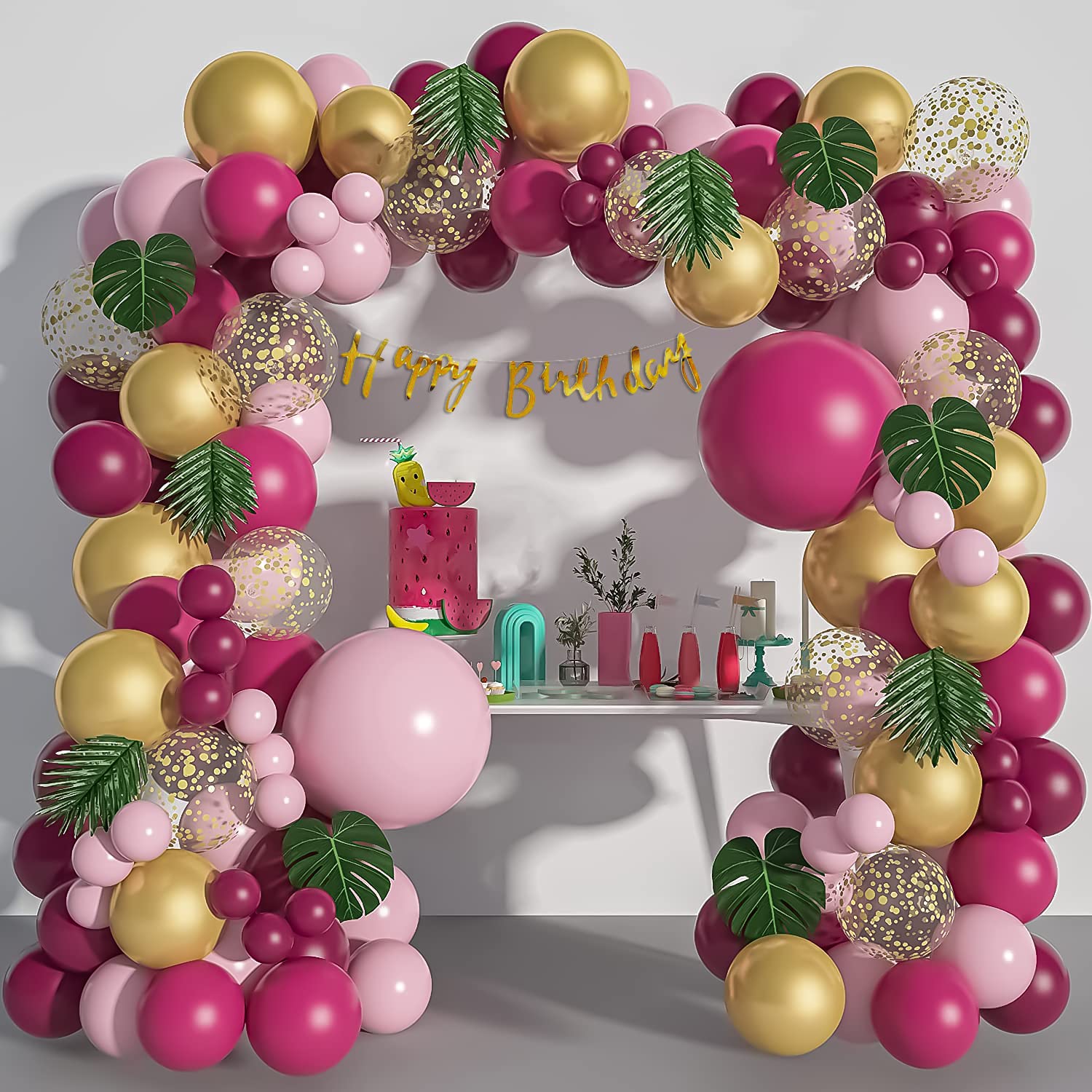 SpecialYou.in Rubber Birthday Decoration Items Kit For Girls With Burgundy, Pink&Golden Balloons, Confetti Balloons, Artificial Leaves And Golden Happy Birthday Banner For Birthday Decor- 72 Piece