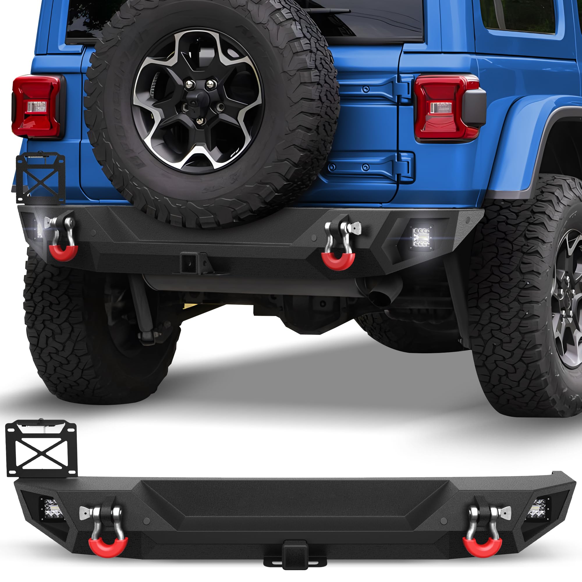 Rear Bumper Full Width for Wrangler JL JLU 2019-2025, Textured Black Rear Bumper with 2" Hitch Receiver, LED Lights, License Plate with Lights & D-rings