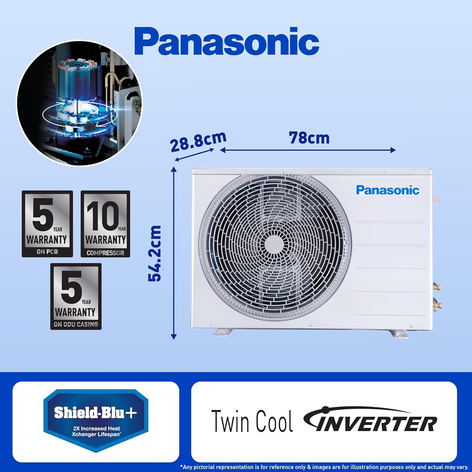 Panasonic AC outdoor unit with warranty details