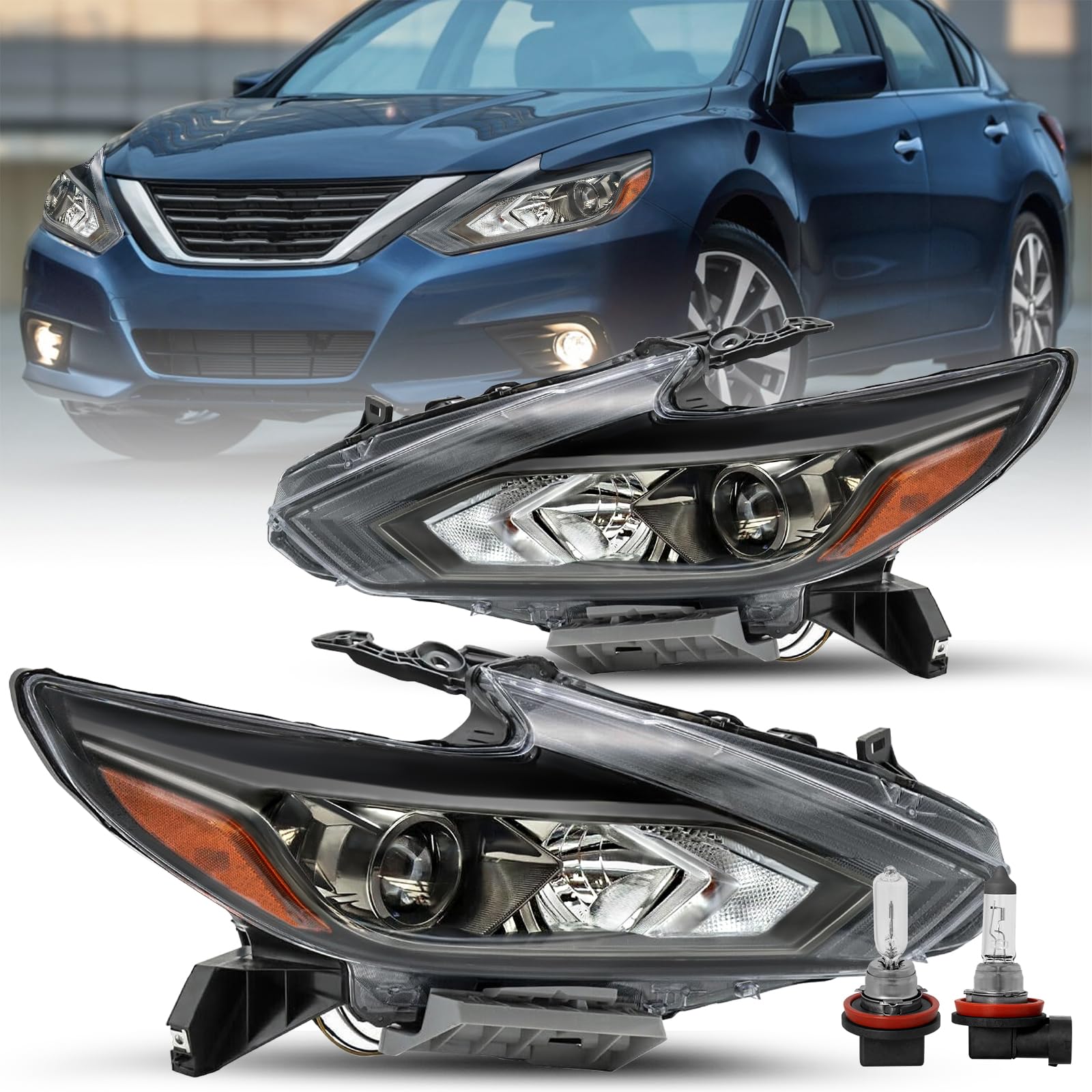 JSBOYAT Passenger and Driver Side Headlight Assembly Fit for 2016 2017 2018 Nissan Altima OE Style Halogen Model Black Projector Headlamp without LED DRL