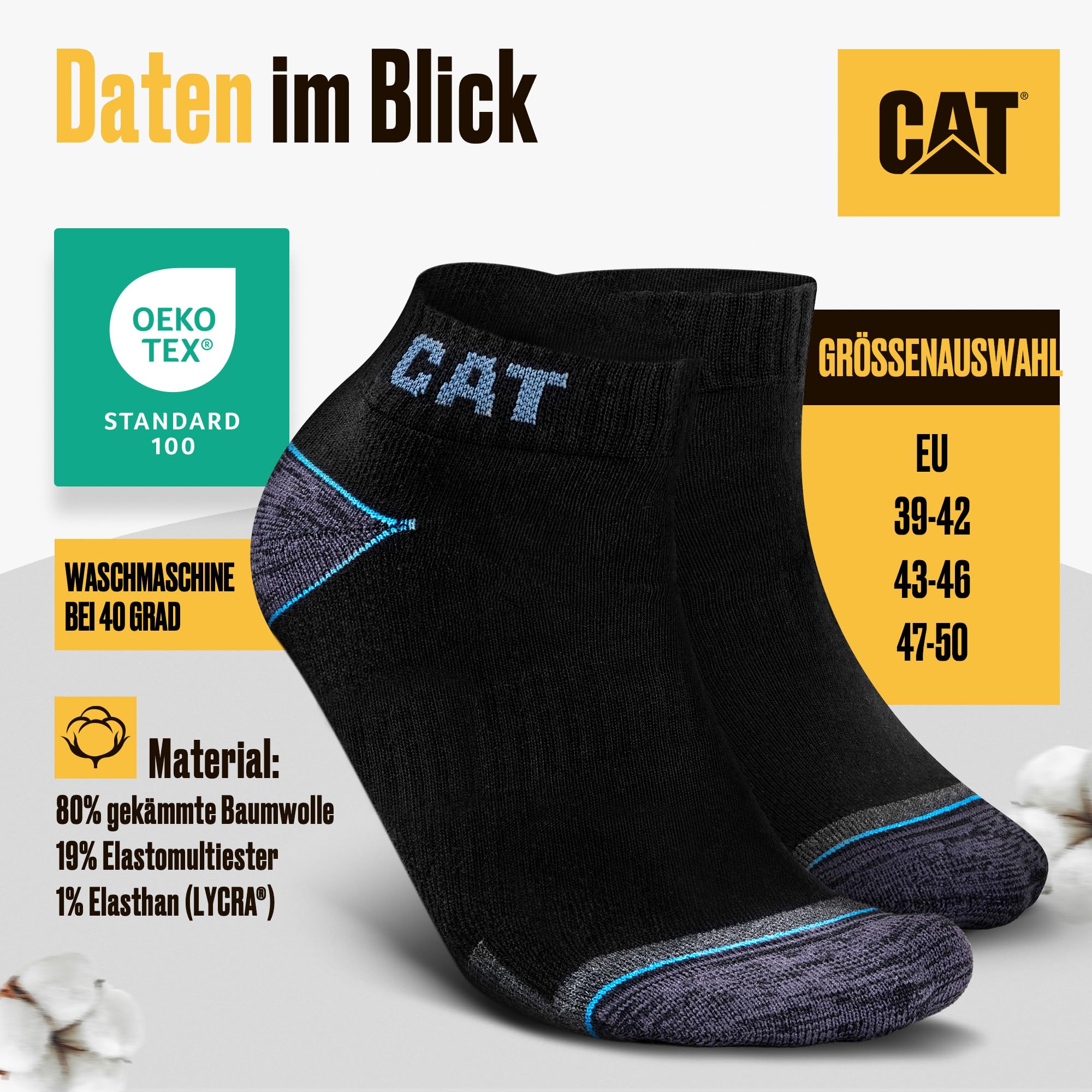 CAT CATERPILLAR POWER & COOL WORK SNEAKERS Lot de 12 paires de baskets, chaussettes de travail, chaussettes de travail, tailles 39-42, 43-46, 47-50