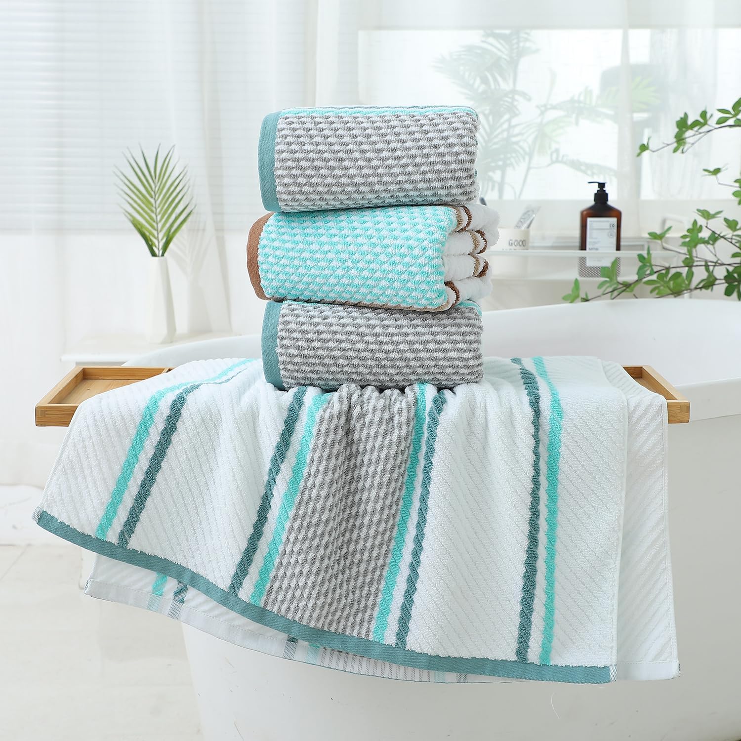 Pidada Bath Towel Striped Pattern 100% Cotton Soft Absorbent Decorative Towel for Bathroom (Green) - Image 6