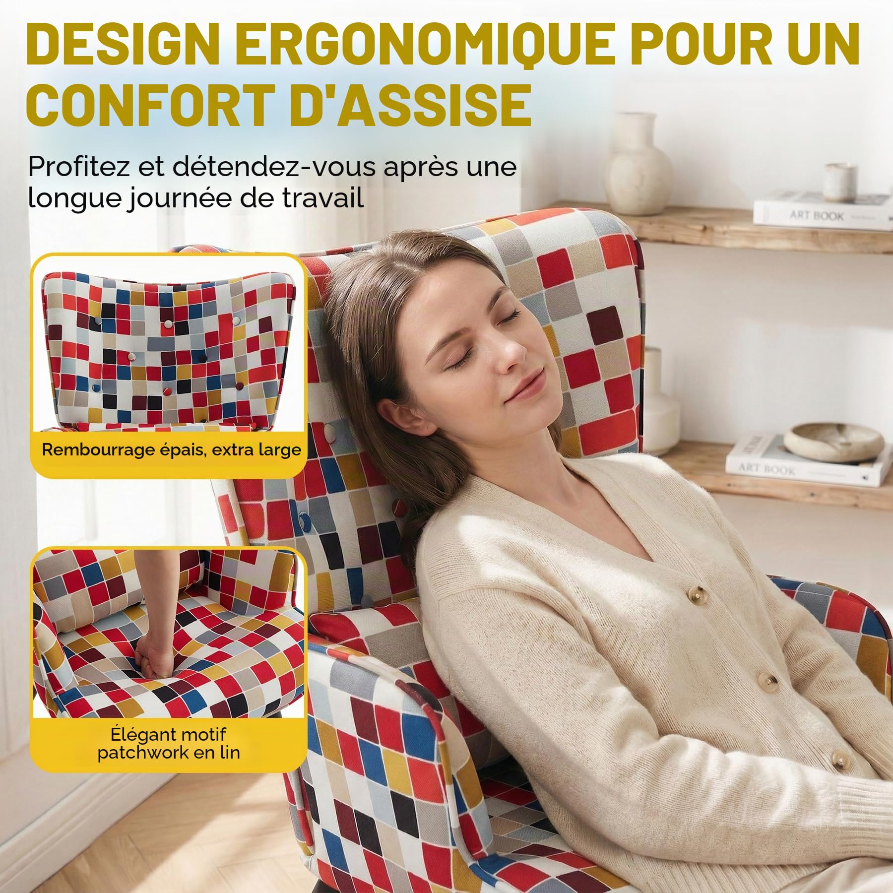 Fauteuil Patchwork Scandinave avec Repose-Pieds Support Lombaire | Fauteuil de Lecture Confortable avec Bois Massif, Tissu Lin et Design Ergonomique, pour Salon, Chambre ou Balcon