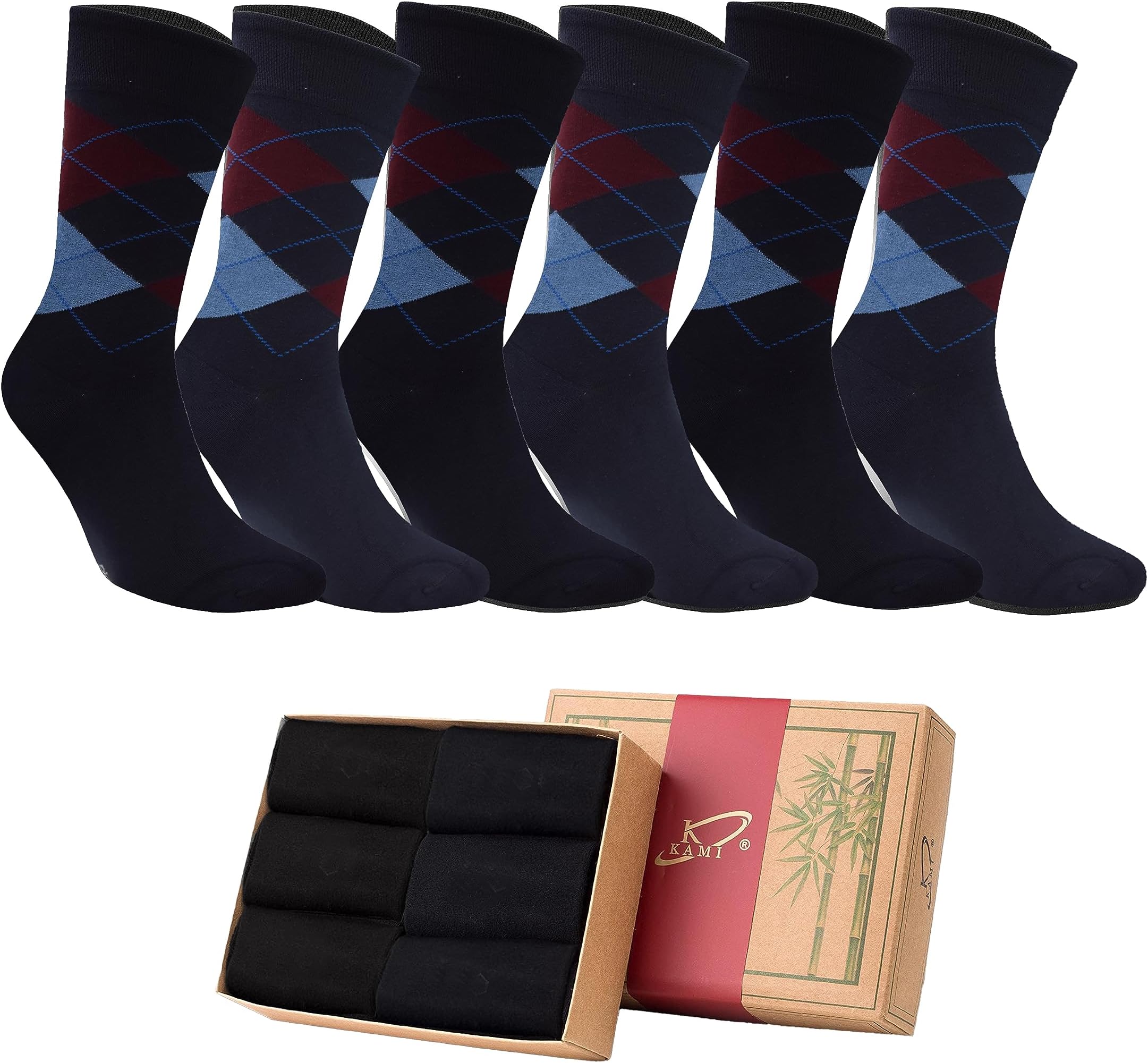 kamiSocks For Men, Gift Formal Bamboo Material Ultra Smooth and Soft, Anti Bacterial, Cooling with gifting packing De Smelling 3 navy blue 3 black (6 Pairs, Fit Shoe Size 39-47)