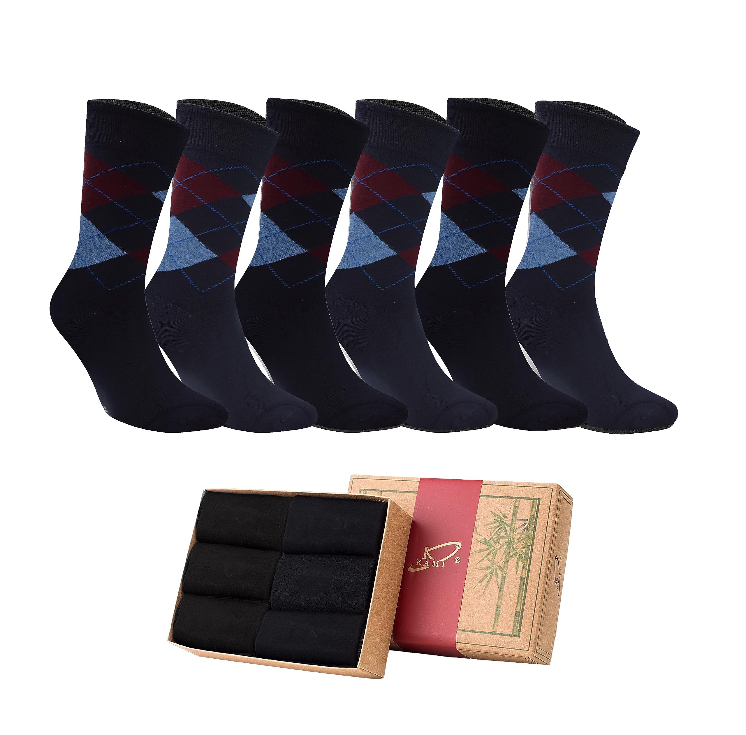 kamiSocks For Men, Gift Formal Bamboo Material Ultra Smooth and Soft, Anti Bacterial, Cooling with gifting packing De Smelling 3 navy blue 3 black (6 Pairs, Fit Shoe Size 39-47)
