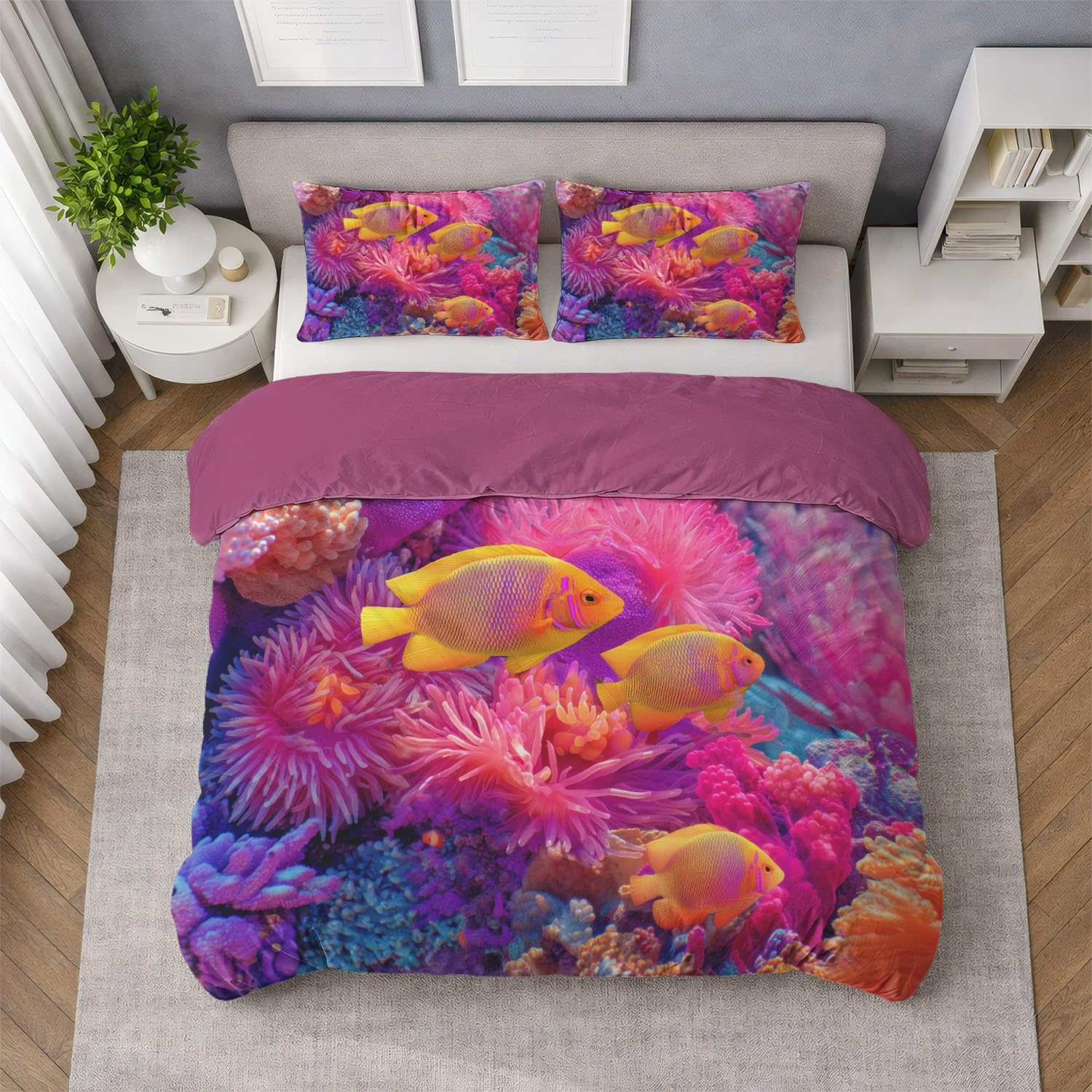 Generic Zestaw poszewek na kołdrę, żywa koral, ryba, król, 229 x 221 cm, różowa pościel fantasy, 3-częściowy zestaw, miękka mikrofibra, zestaw poszewek na kołdrę dla dzieci, dorosłych, dekoracja