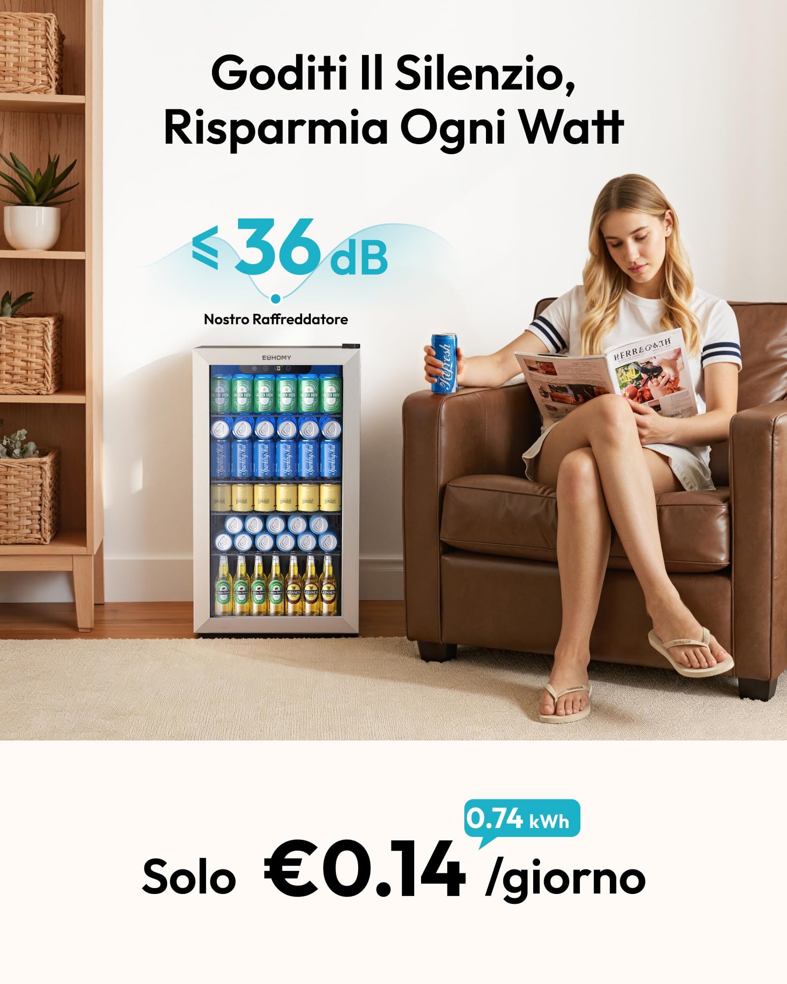 EUHOMY Frigorifero per bevande, mini frigo per 126 lattine con porta in vetro, piccolo frigorifero con ripiani regolabili per limonata, birra o vino, perfetto per casa/bar, ufficio, argento, acciaio