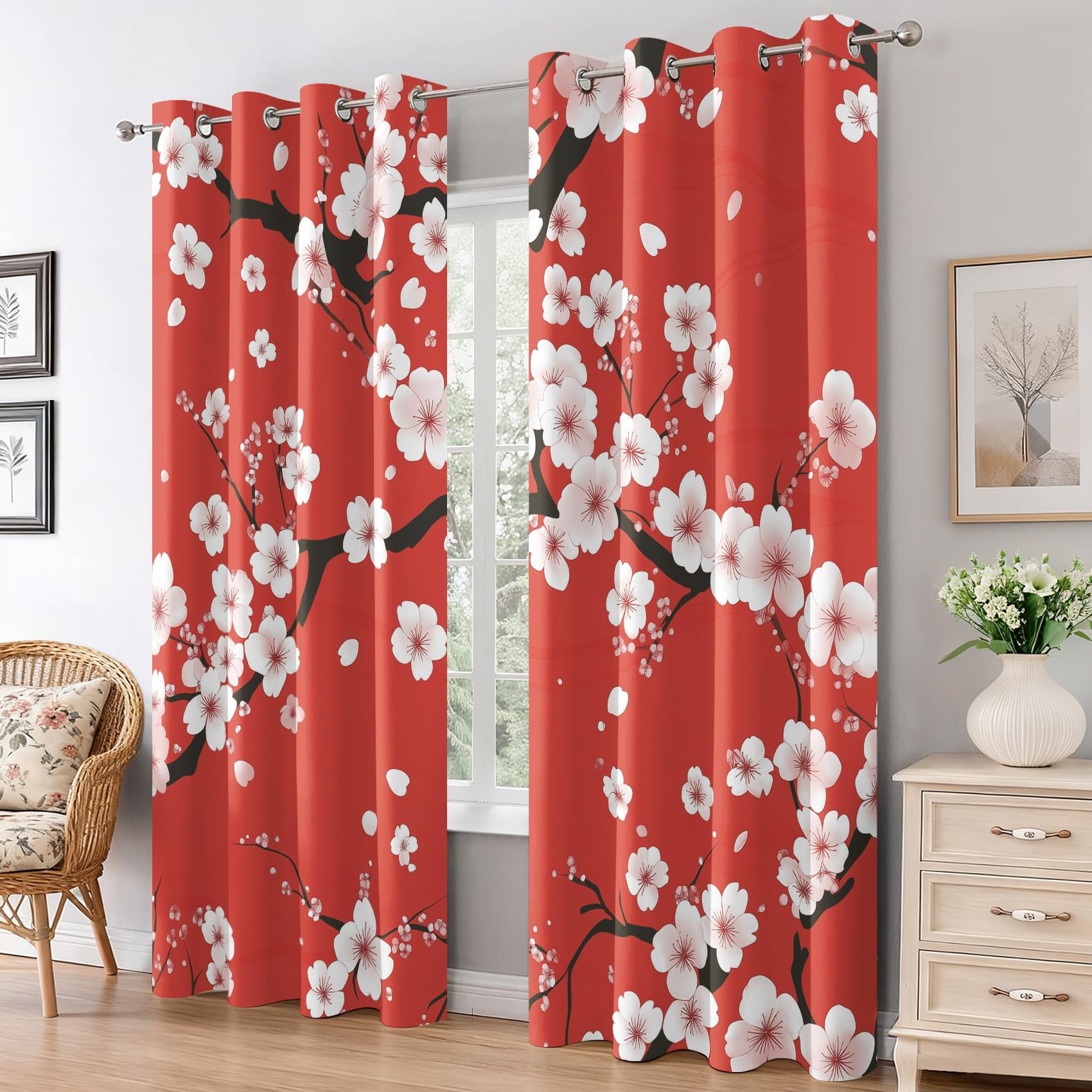 Generisch Kirschblüten Vorhänge Wohnzimmer, Vorhang Blickdicht Japanischer Stil Gardinen mit Ösen Schlafzimmer, Thermo Verdunklungsvorhänge 2er Set H240 x B140 cm pw&47