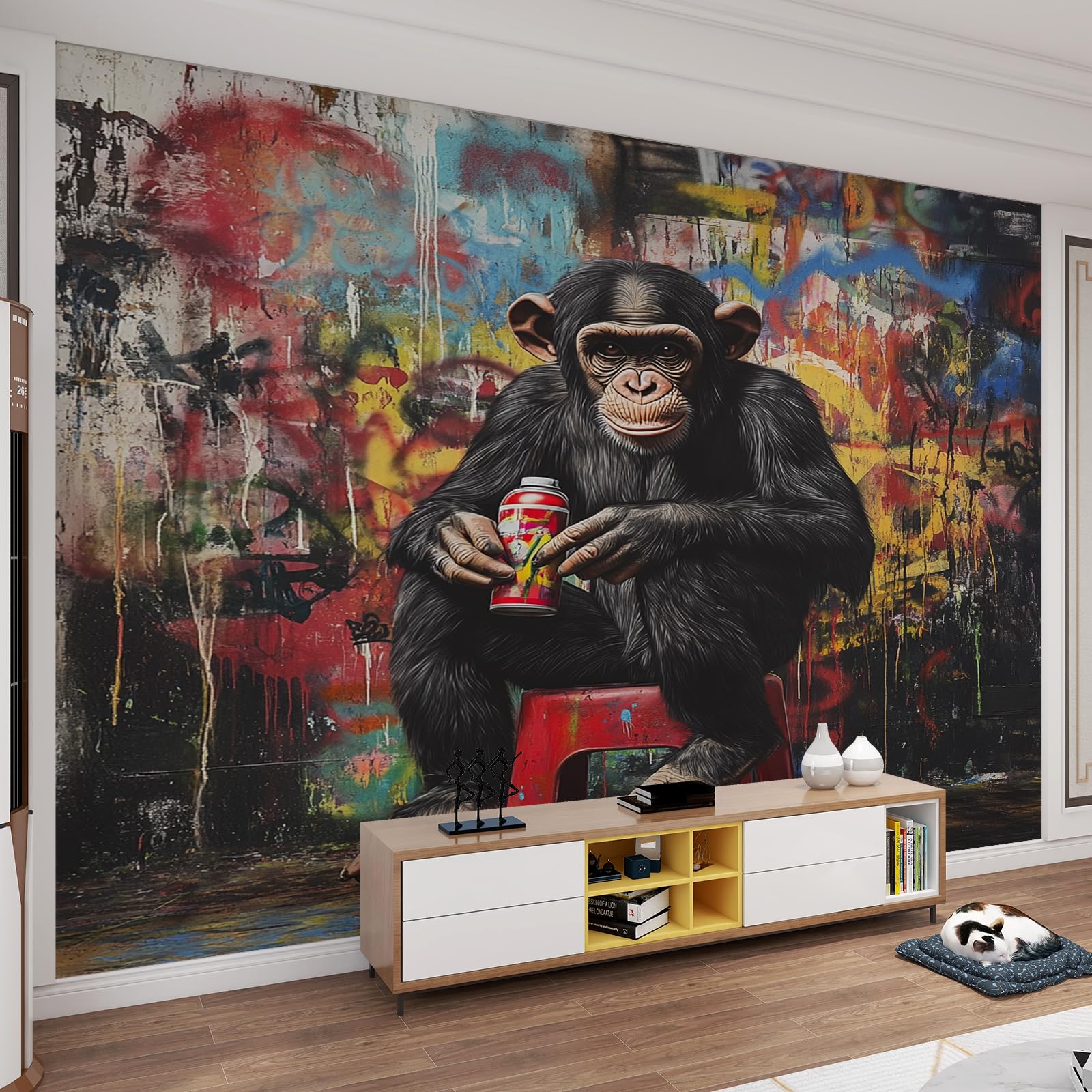 Qdjkbl Women's Black Gorilla Mural Street Hip-Hop Graffiti Wall Murals Monkey Spray Paint Wallpaper Cool Teen Room Wallpaper For Bedroom Kitchen Dining Room 300 X 210 Cm