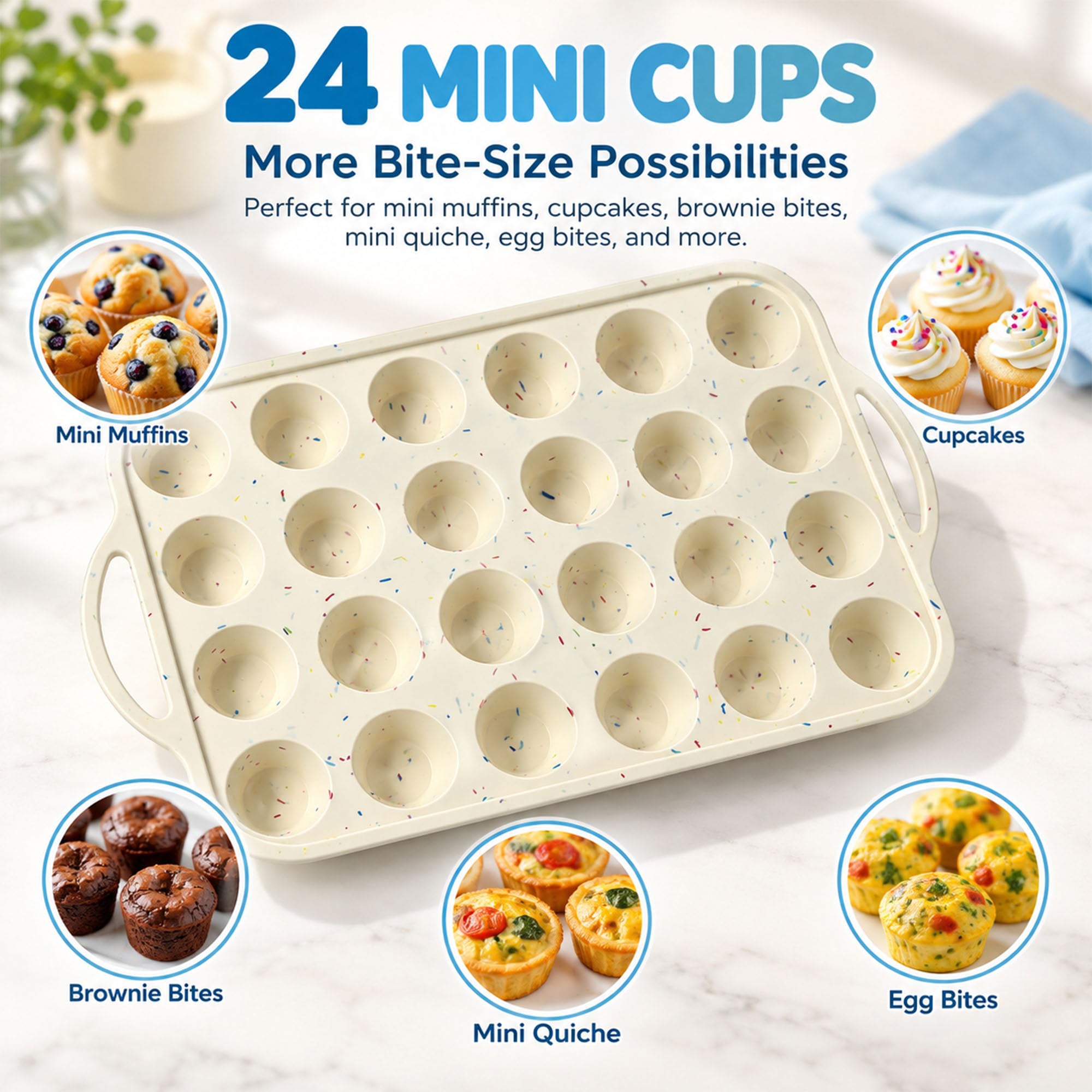 Ensemble de cuisson 6 pièces, moule à mini muffins en silicone avec cadre en acier, moule à bouchées d'œufs avec couvercle, grille de refroidissement en acier inoxydable 304, fouet, spatule et