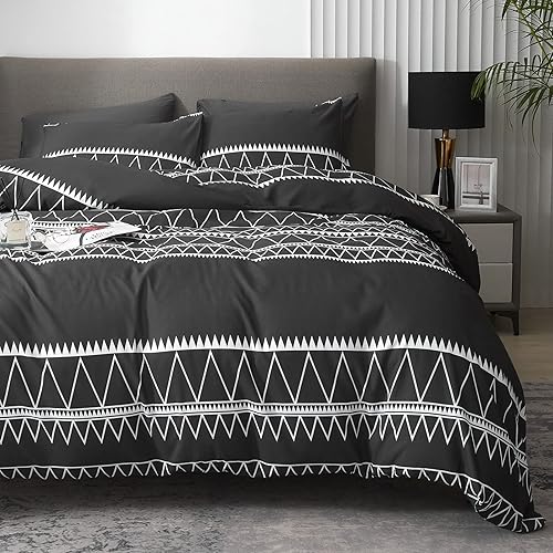 HYPREST Fundas de edredón negras King - Funda de edredón negra de 3 piezas, tamaño King, patrón bohemio con cierre de cremallera y lazos en las