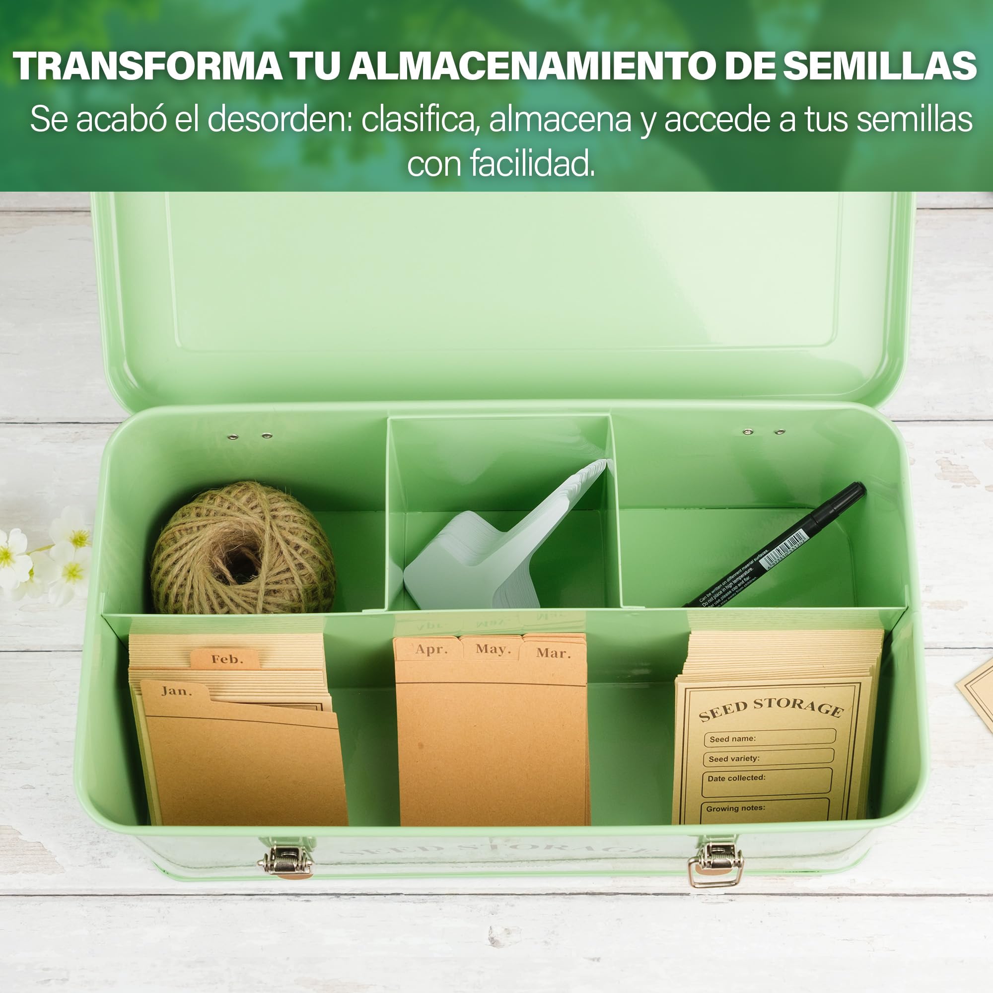 Caja organizadora para almacenar semillas: lata con tapa, asas y 4 compartimentos – Ideal para guardar paquetes de semillas. Regalo de jardinería con más de 200 accesorios.