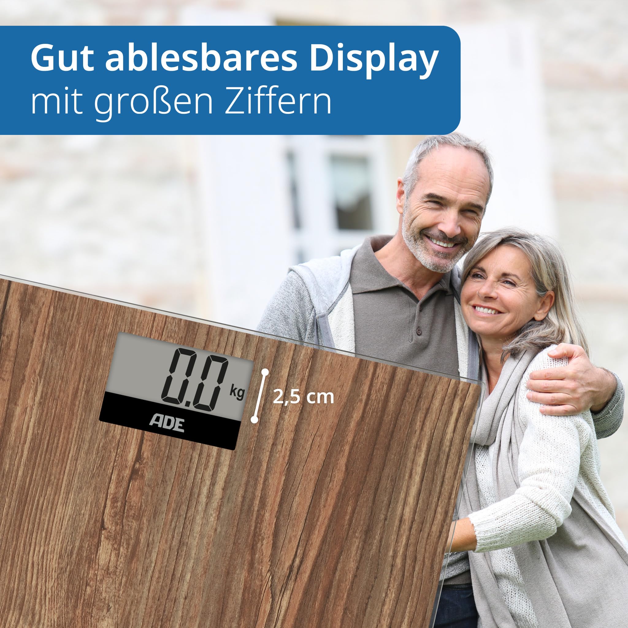 ADE Digitale Körperwaage in gemütlicher Holzoptik | großes Display | rutschhemmende Wiegefläche aus Sicherheitsglas | genaue Wiegeergebnisse