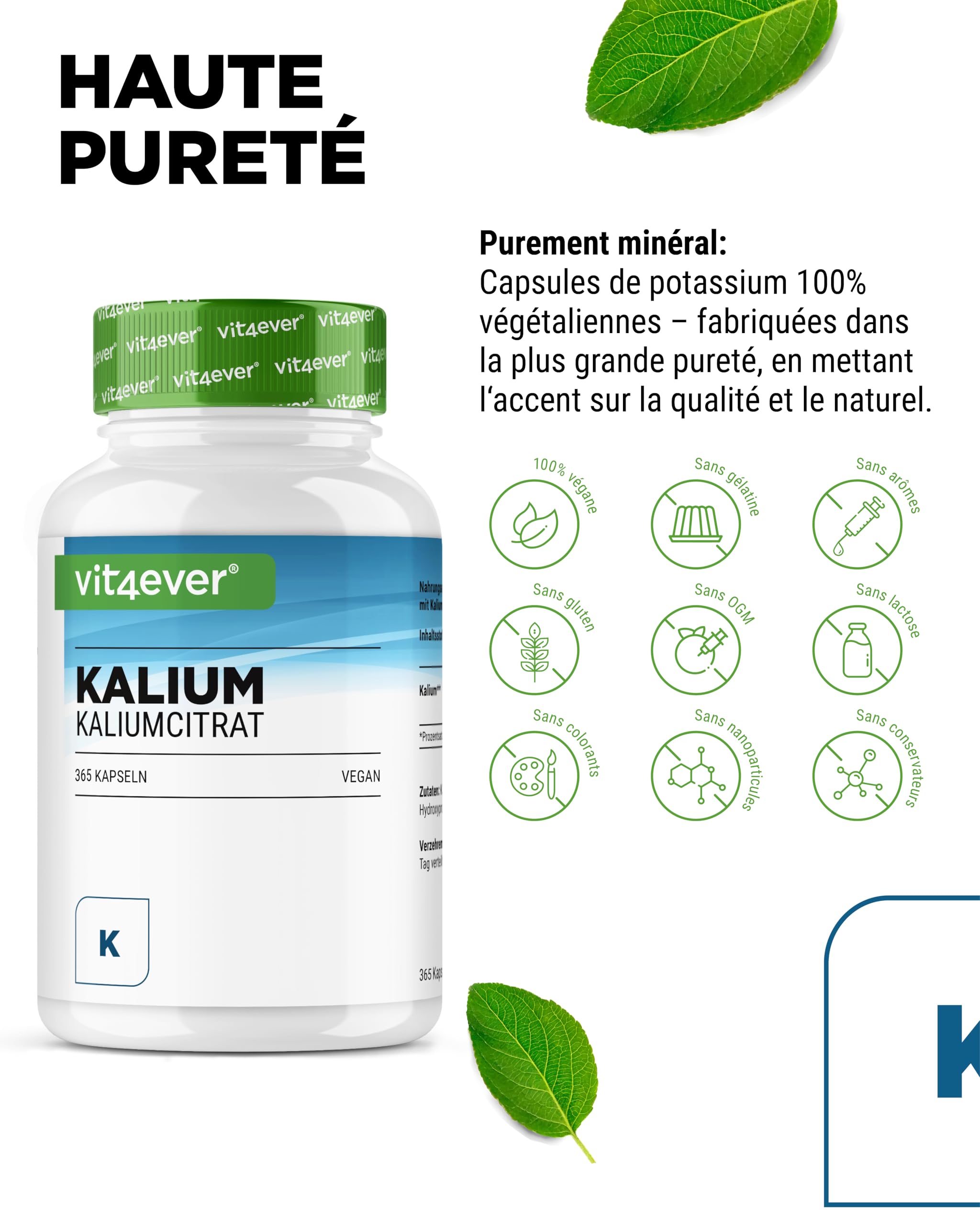Potassium - 365 gélules avec 800 mg de potassium élémentaire par portion journalière - 100% citrate de potassium - Vegan