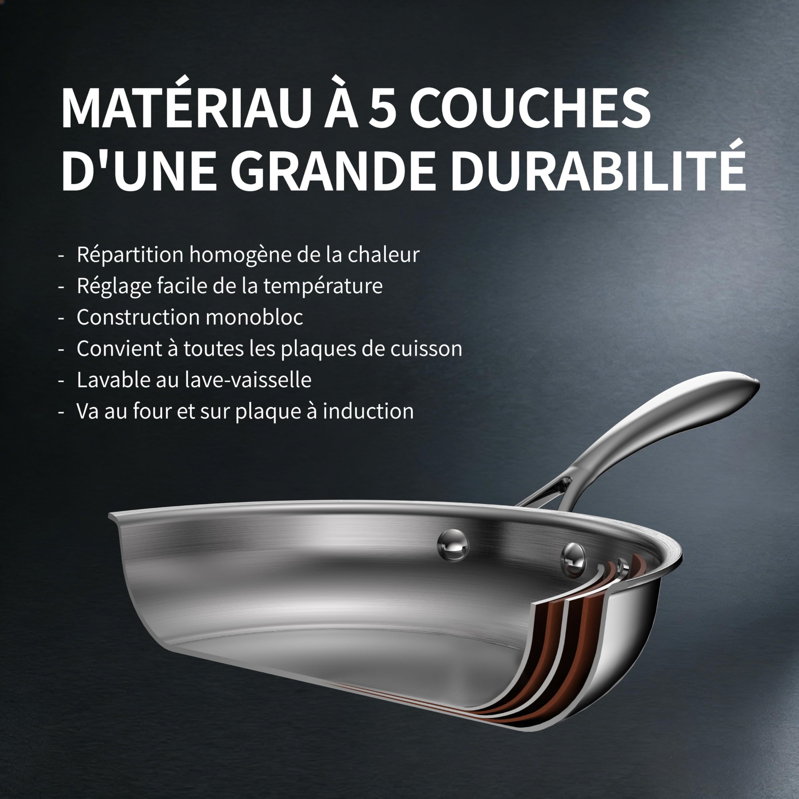 Lot de poêles à frire 5 couches acier inoxydable, 24 cm et 28 cm