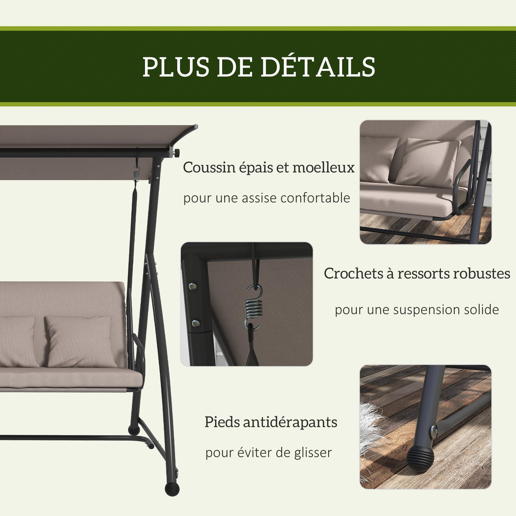 Outsunny Columpio de jardín de 3 plazas, Columpio de jardín Convertible para Exteriores, Techo abatible Ajustable, cojín de Asiento y Respaldo, 4 Almohadas, Gran Confort, 218 x 120 x 168 cm, marrón