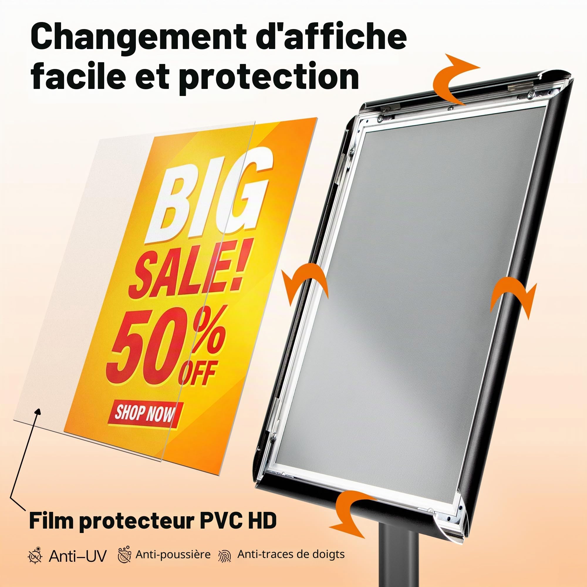 Porte-affiche en aluminium réglable, panneau d'affichage et présentoir au sol,présentoir publicitaire remplaçable, vec base en métal robuste（Noir, A3