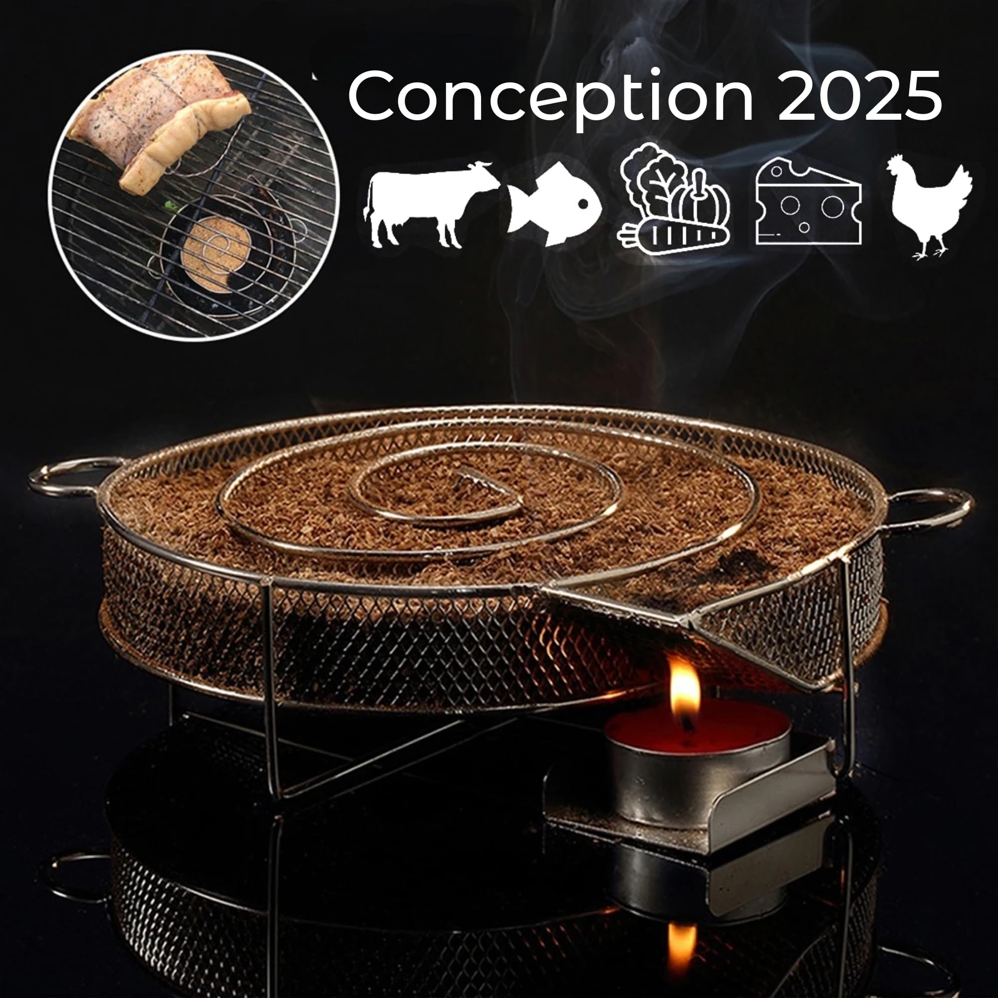 Générateur de Fumée Froide (serpentin pour fumoir)+La Sciure de Bois Hêtre Inclus 1.3 L (MADE IN FRANCE)+4 Crochets +2 Brosses de Nettoyage Offerts, Fumoir pour Viande et Poisson,Manuel en français