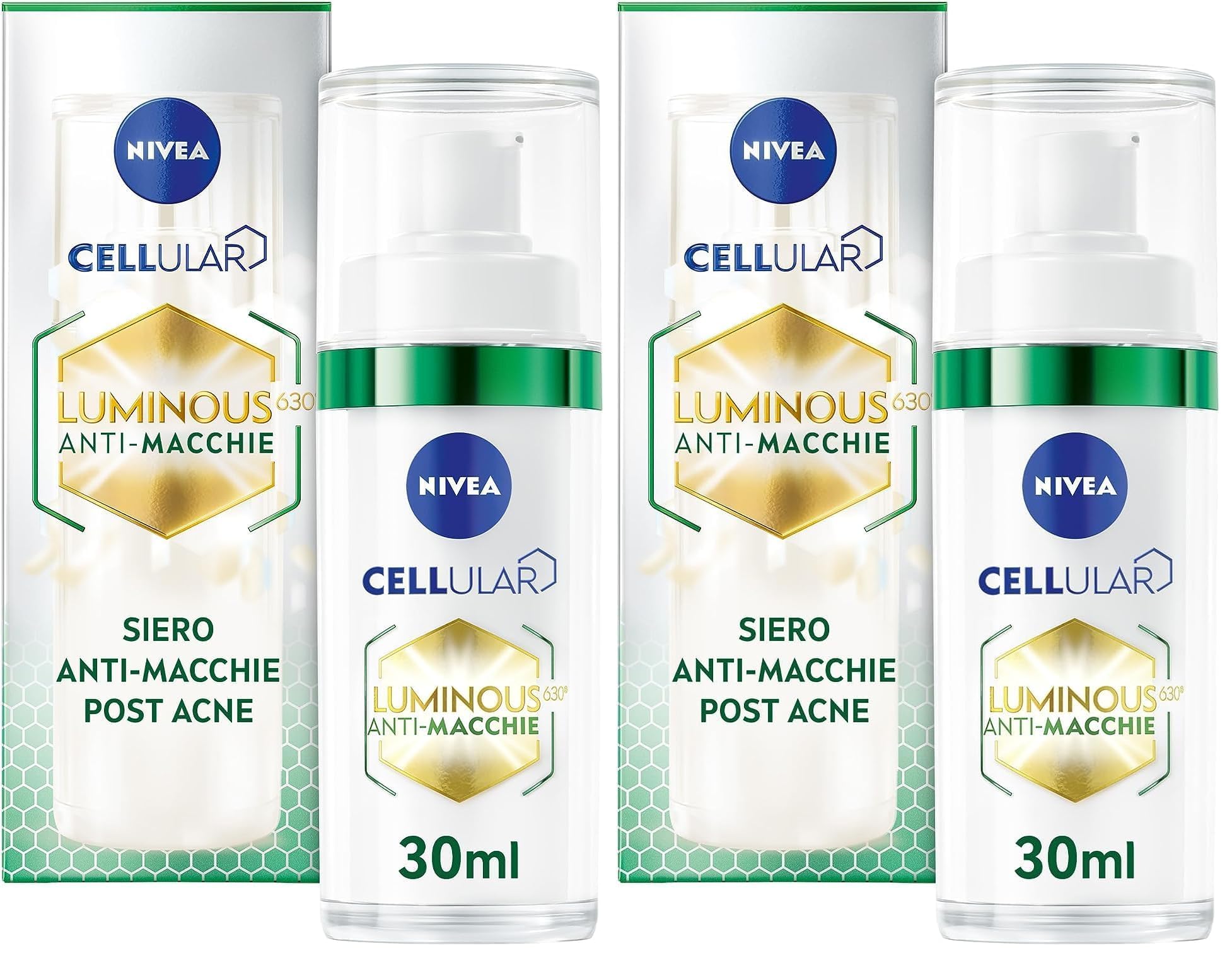NIVEA Cellular Luminous630 Siero Anti-Macchie Post Acne 30 ml, Siero viso anti-macchie post acne, Siero viso pelle grassa con Acido Ialuronico, Acido Salicilico viso e Tè Verde (Confezione da 2)