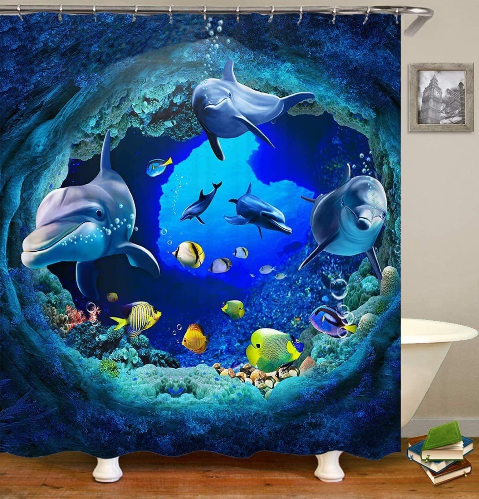 Tenda Doccia Antimuffa 180x180 Cm Con Stampa Delfini - Tessuto Impermeabile Poliestere, 12 Anelli, Lavabile (Blu Oceano)