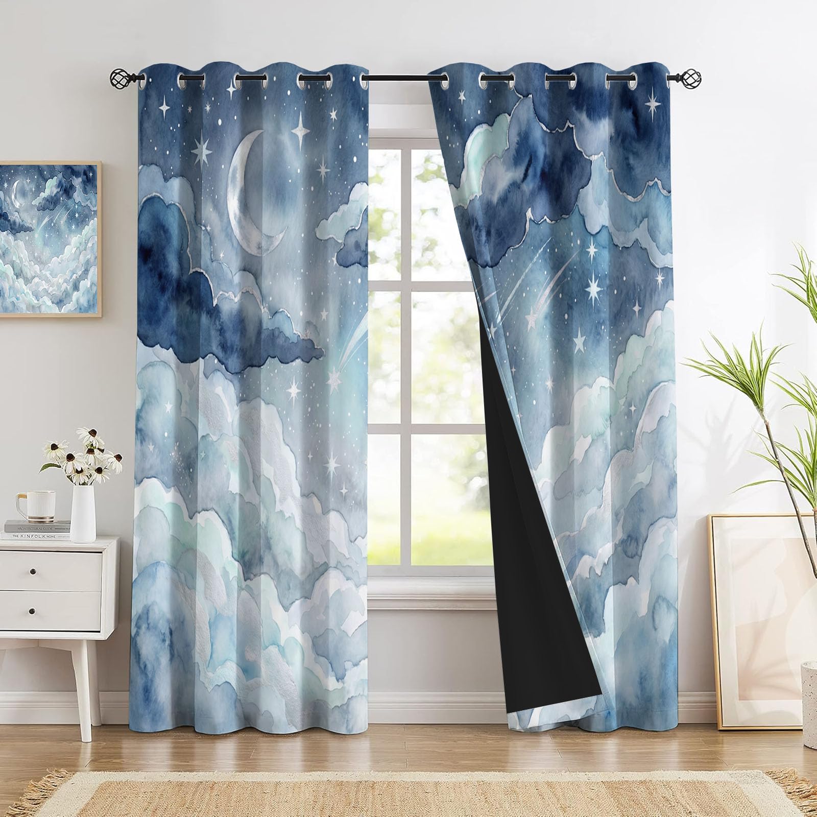 Aquarelllandschaft Vorhänge Himmel Und Wolken Ösen Gardinen Mit Blickdichte, Hellblau Thermo Vorhang H166 X B75 cm (2Er Pack) Verdunkelungsvorhänge Für Schlafzimmer Verdunkelung Fenster