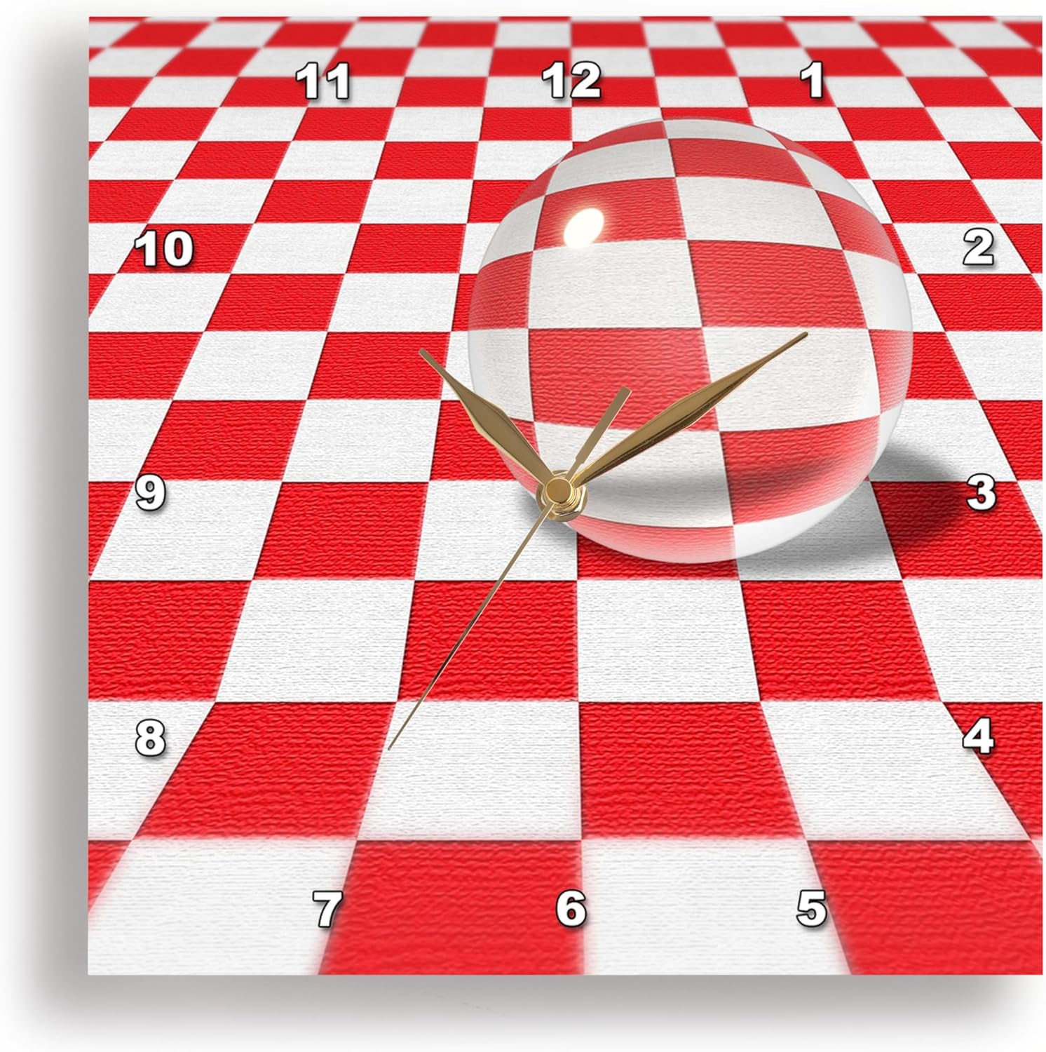 3dRose Wall Clock Silent - 15 inch - Picnic Games Shows a Large Transparent Glass Marble Print on Checkered Table Cloth - Designs Surreal